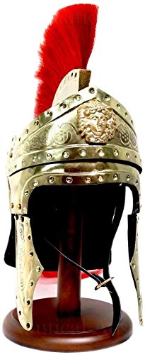 Roman Centurion Helmet - Medieval Knight Armor Costume with Red Plume & Gold Finish | Halloween Cosplay, Historical Reenactment, Theater Costume, Collectible Display