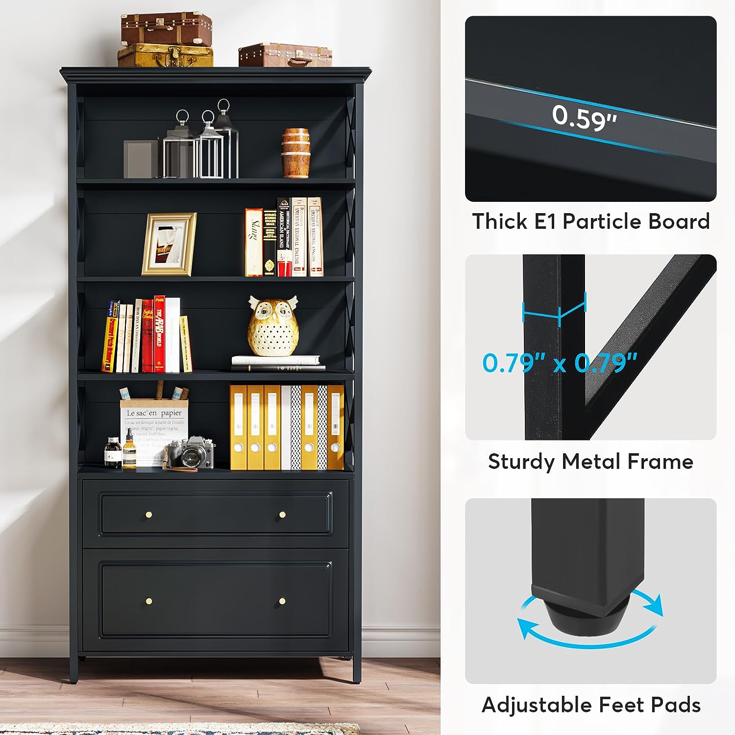 5 Tier Industrial Bookshelf with 2 Drawers - Sturdy Metal Bookcase for Home Office, Living Room & Bedroom Storage - Perfect for Organizing Books, Decor & Office Supplies