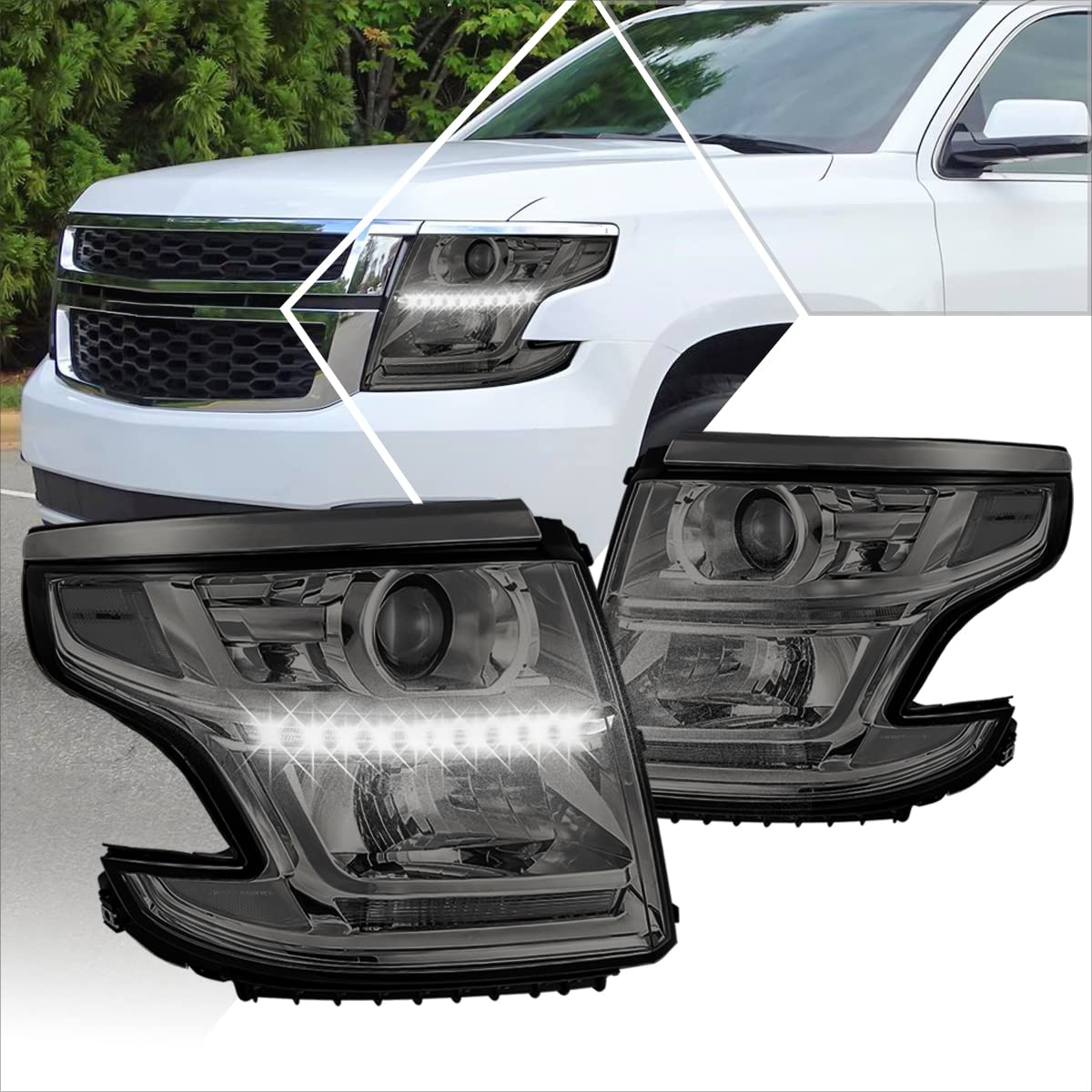 PM PERFORMOTOR Headlight Assembly Compatible with 2015-2020 Chevy Suburban & Tahoe - Projector Headlamps with LED DRL, Smoked Lens & Clear Corner - Upgrade for Night Driving & Off-Road Adventures