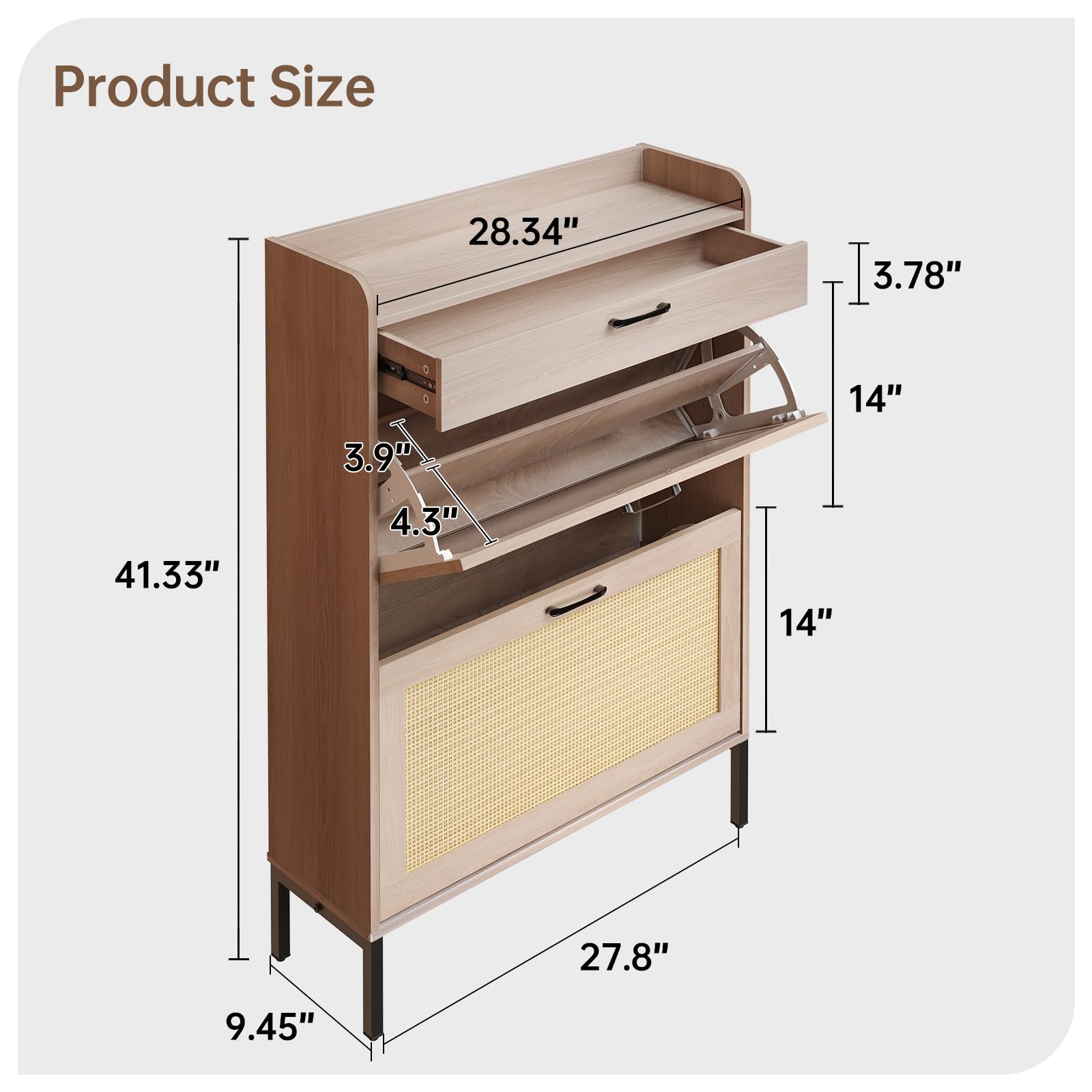 Slim Rattan Shoe Cabinet with 3 Drawers - Freestanding Entryway Organizer for Hallway & Bedroom