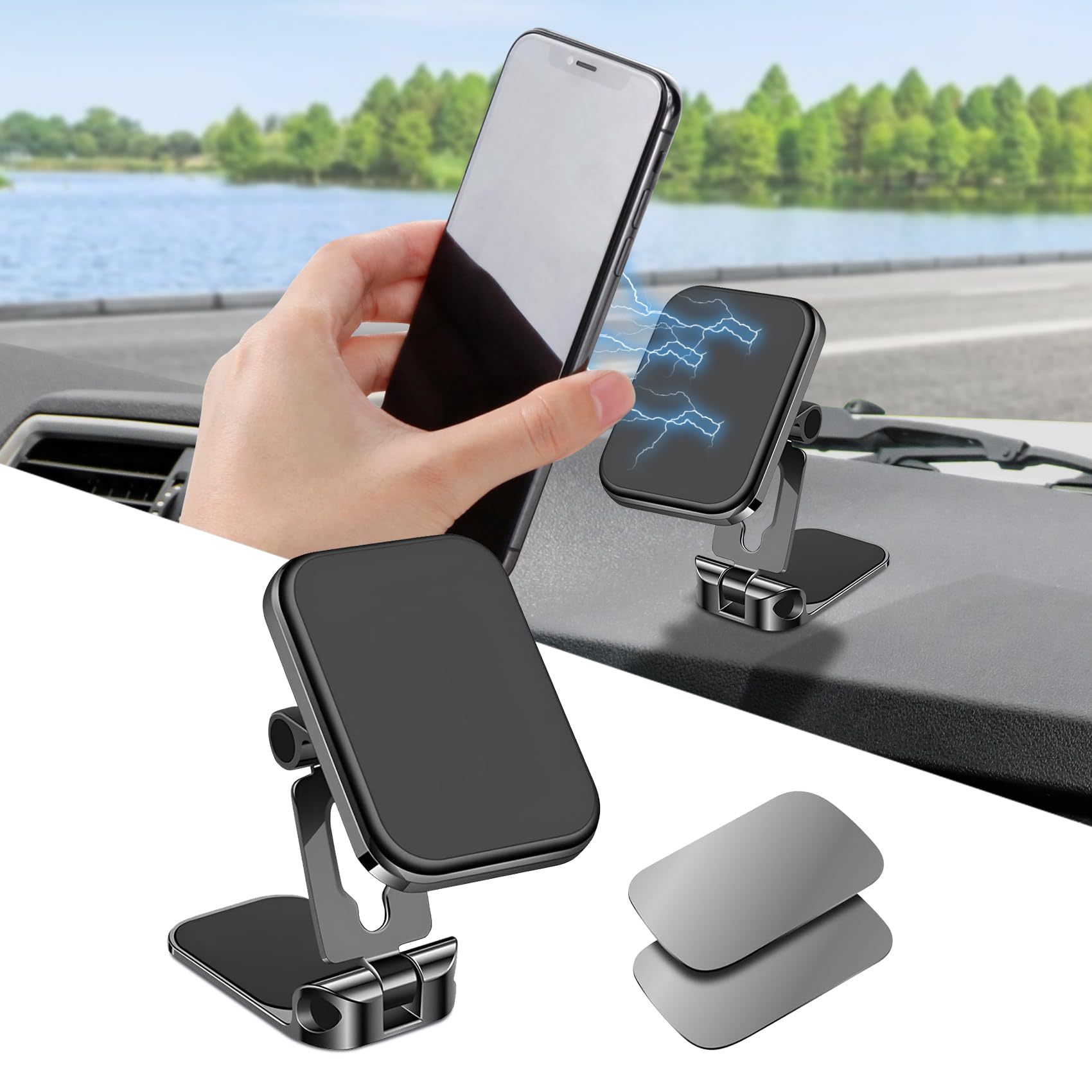 360° Rotating Magnetic Car Phone Mount Holder for iPhone & Android - Dashboard & Windshield Compatible - Secure Hands-Free Driving Accessory (Black) | Perfect for GPS Navigation, Music Control & Safe Driving
