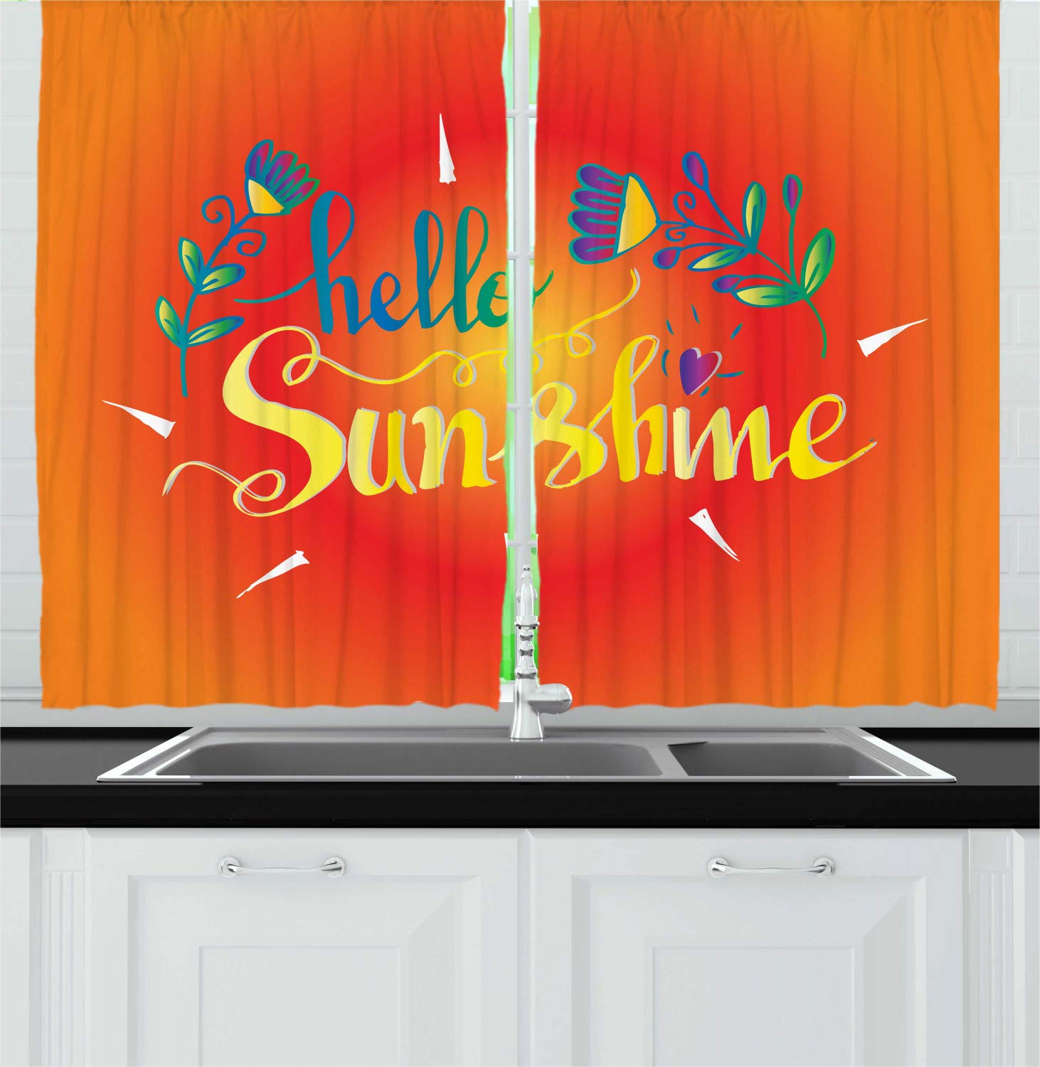 Ambesonne Hello Sunshine Kitchen Curtains - Colorful Floral Window Drapes with 
