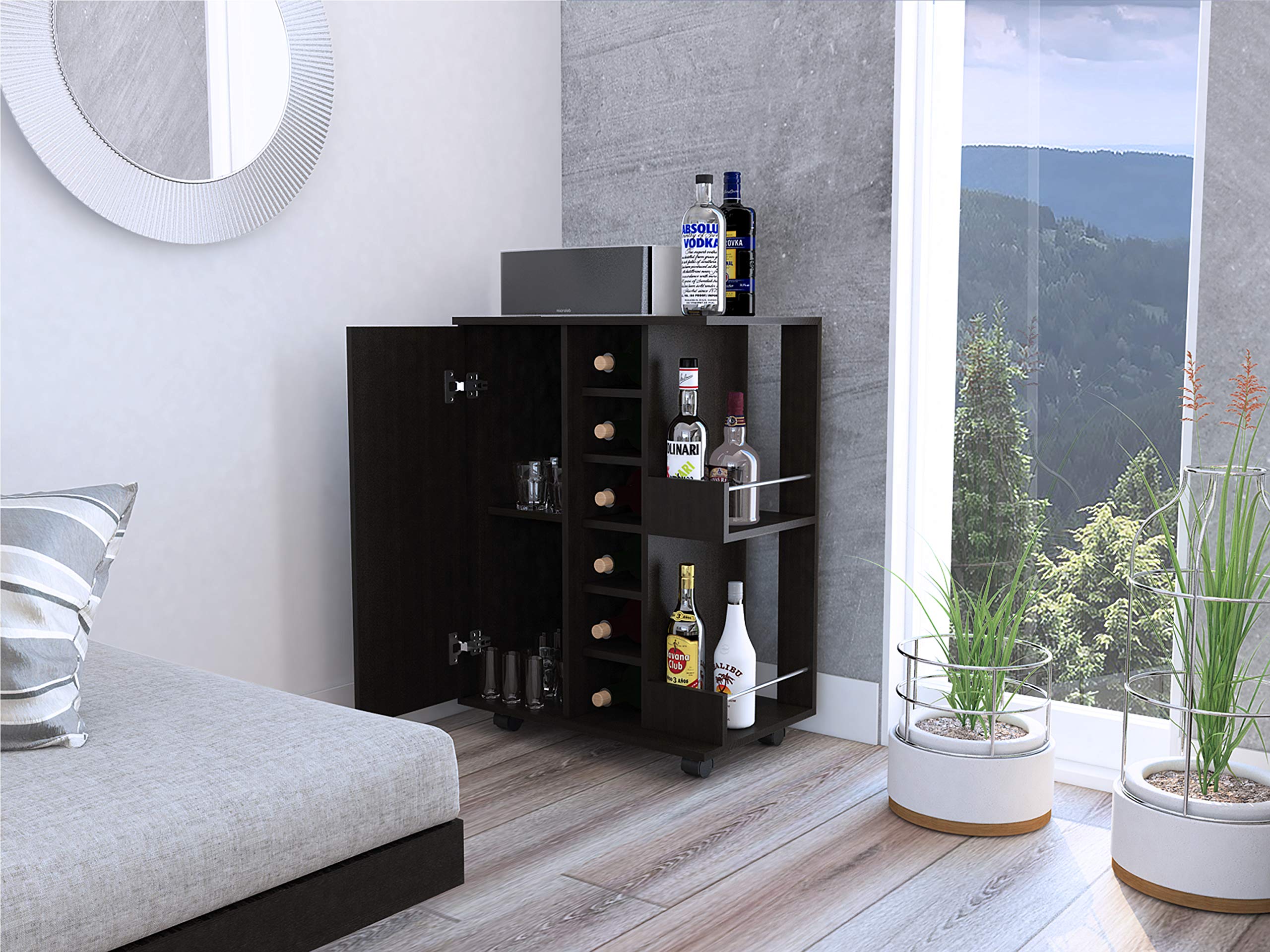 Tennessee 29-inch Tall Bar Cart with Cabinet Storage - 6 Cubbies & 2 Shelves - Black Wenge Finish - Perfect for Home Bar, Kitchen Organization & Living Room Decor