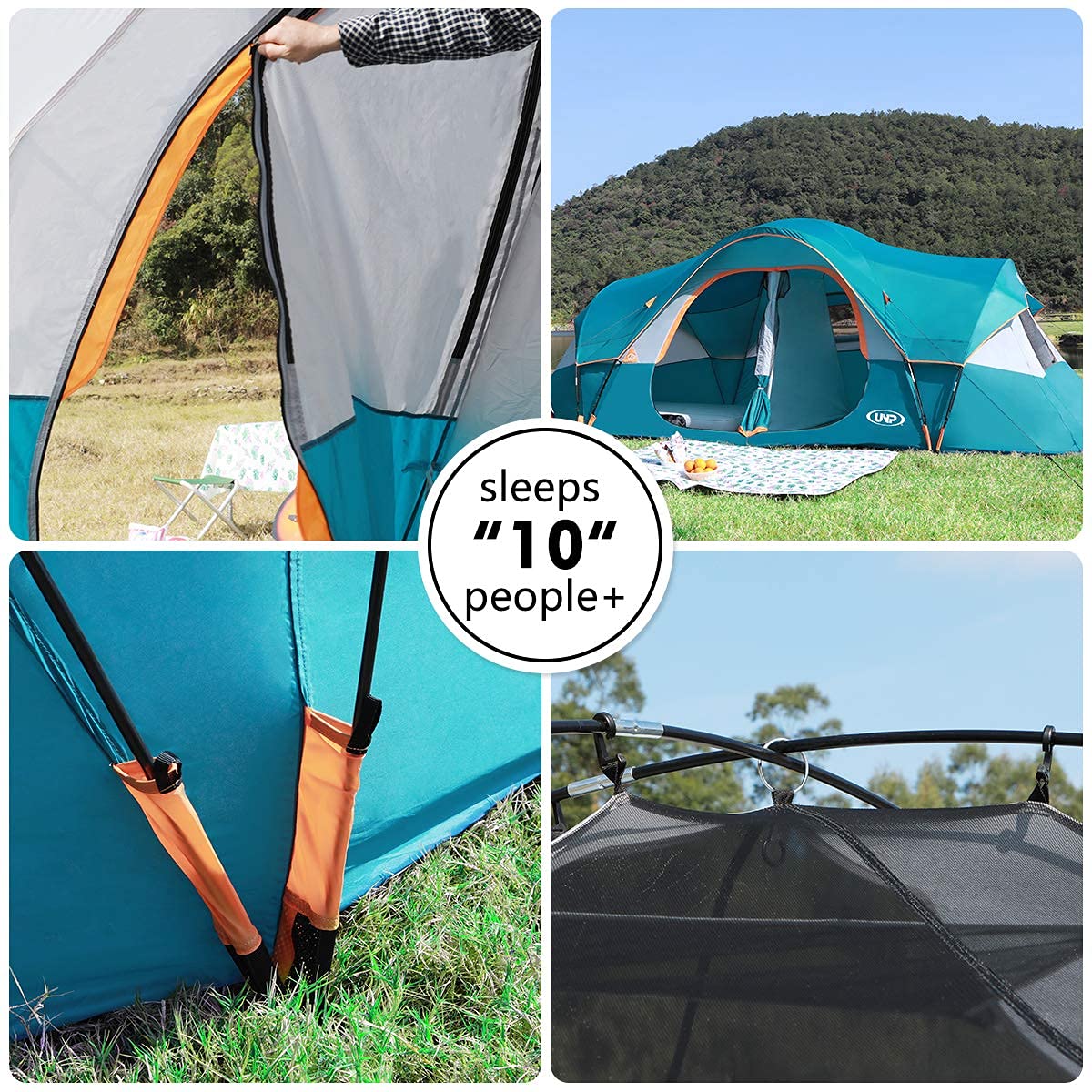 UNP 10-Person Family Camping Tent - Large Easy Setup 2-Room Shelter with 5 Mesh Windows, Waterproof & Weather Resistant (18'x9'x78