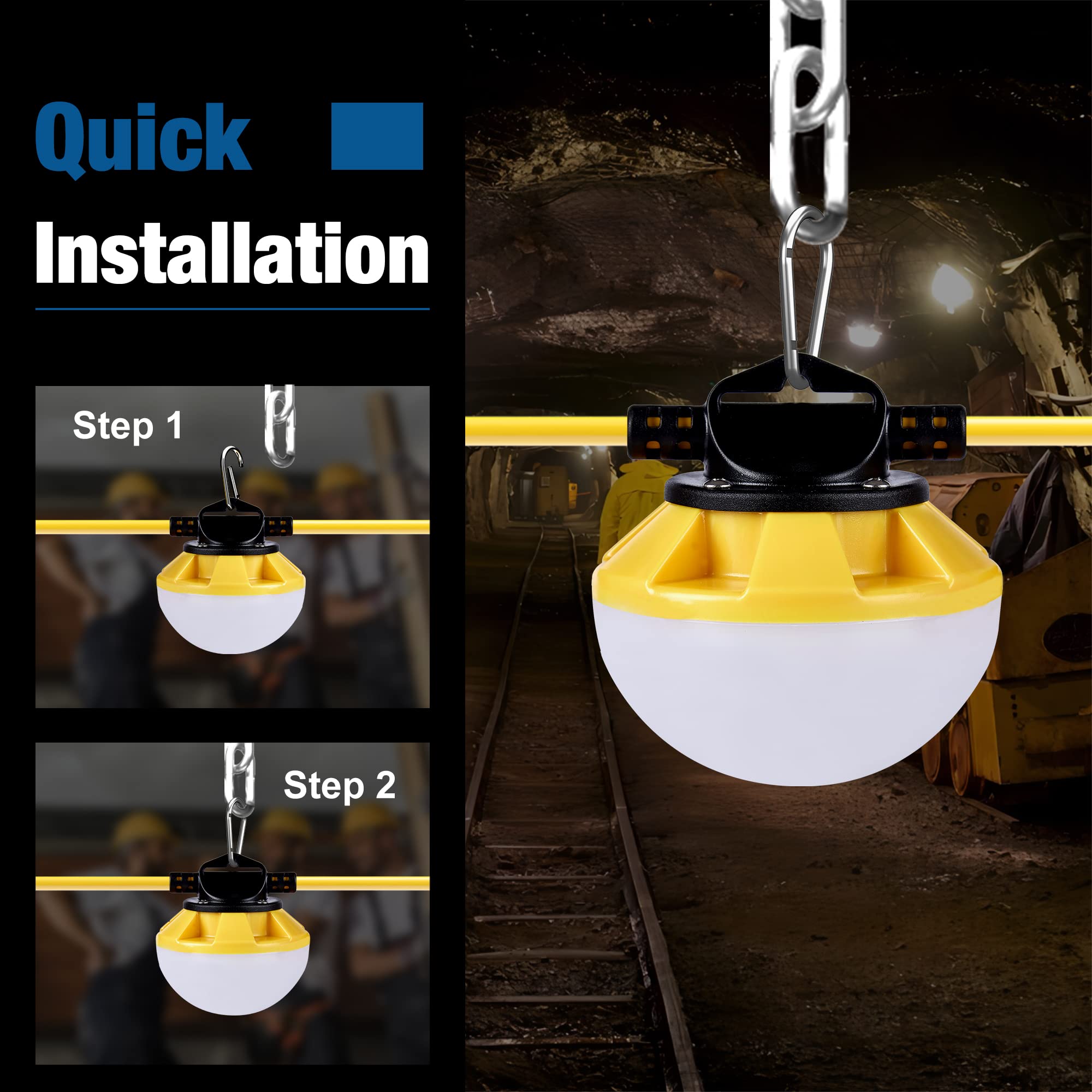 50FT Construction String Lights - IP65 Waterproof, ETL Certified LED Work Lights, 5000K Daylight, 18AWG Wire, Linkable Temporary Lighting for Jobsite with 5 Bulbs & Hooks - Perfect for Construction Sites, Backyard Parties, and Outdoor Events