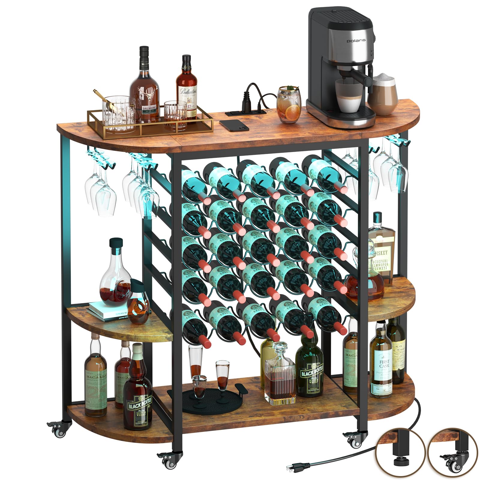 Dripex Wine Bar Table Cabinet with Power Outlet & LED Lights - 5-Tier Metal Wine Rack with Glass Holders & Bottle Storage - Home Mini Bar, Coffee Cabinet for Liquor - Perfect for Living Room, Dining Room, or Home Bar Setup