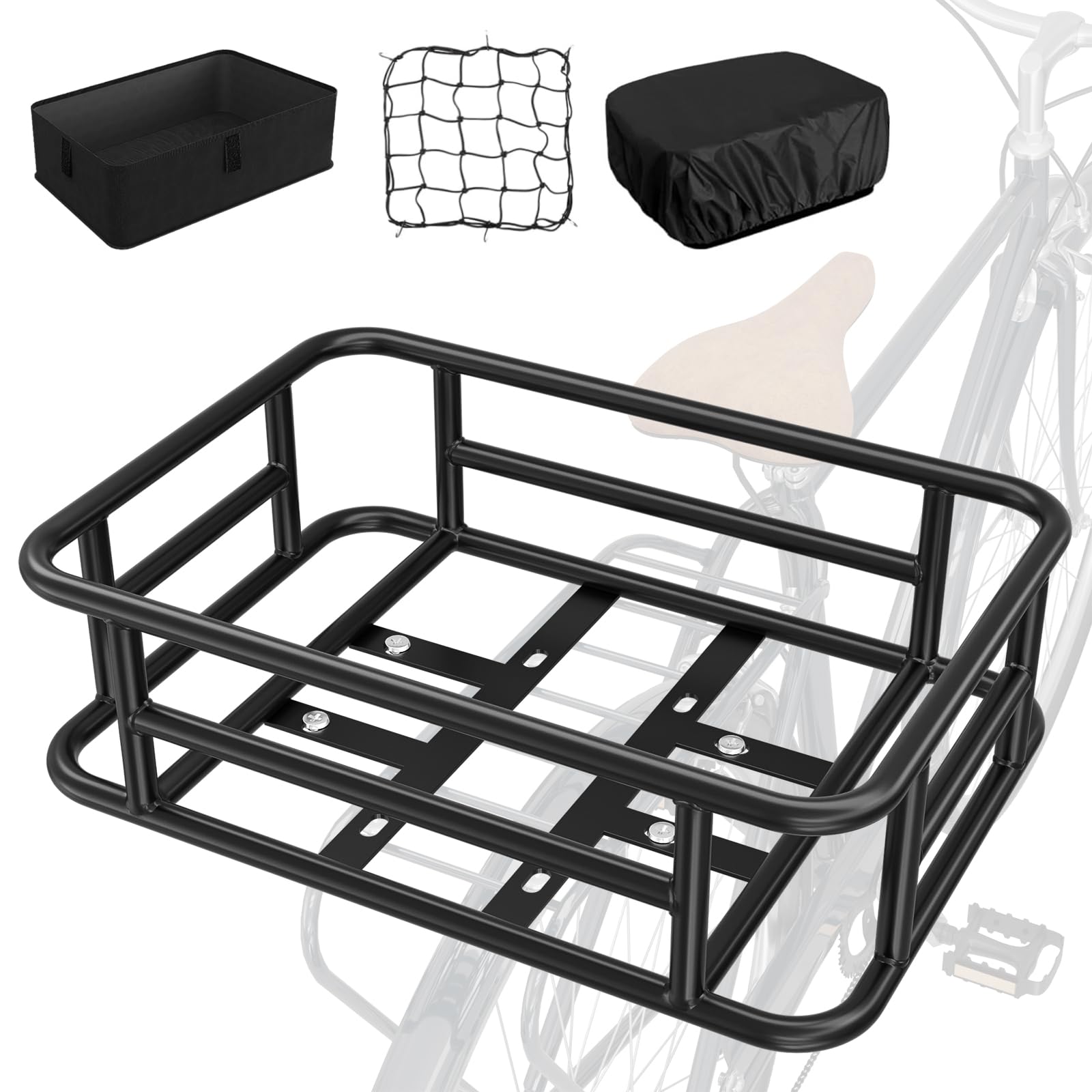 Heavy Duty Rear Bike Basket with Liner, Elastic Net & Rain Cover - Large Metal Rear Rack Basket for Bicycle, E-Bike & Cargo Bike - Perfect for Commuting, Grocery Shopping & Outdoor Adventures