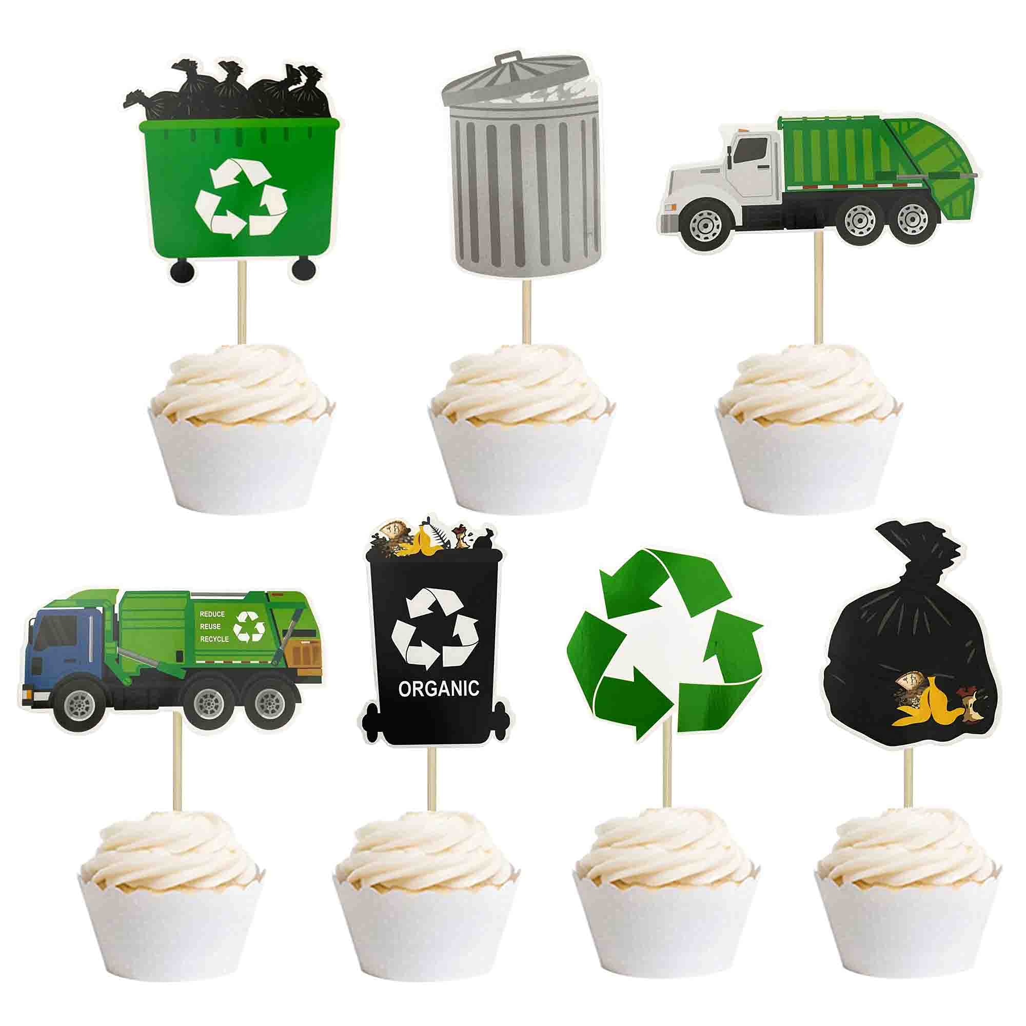 Garbage Truck Birthday Party Supplies - Trash Truck Cupcake Toppers for Kids, Waste Management & Recycling Theme Decorations - Perfect for Toddler Boy Birthday, Construction Theme Party