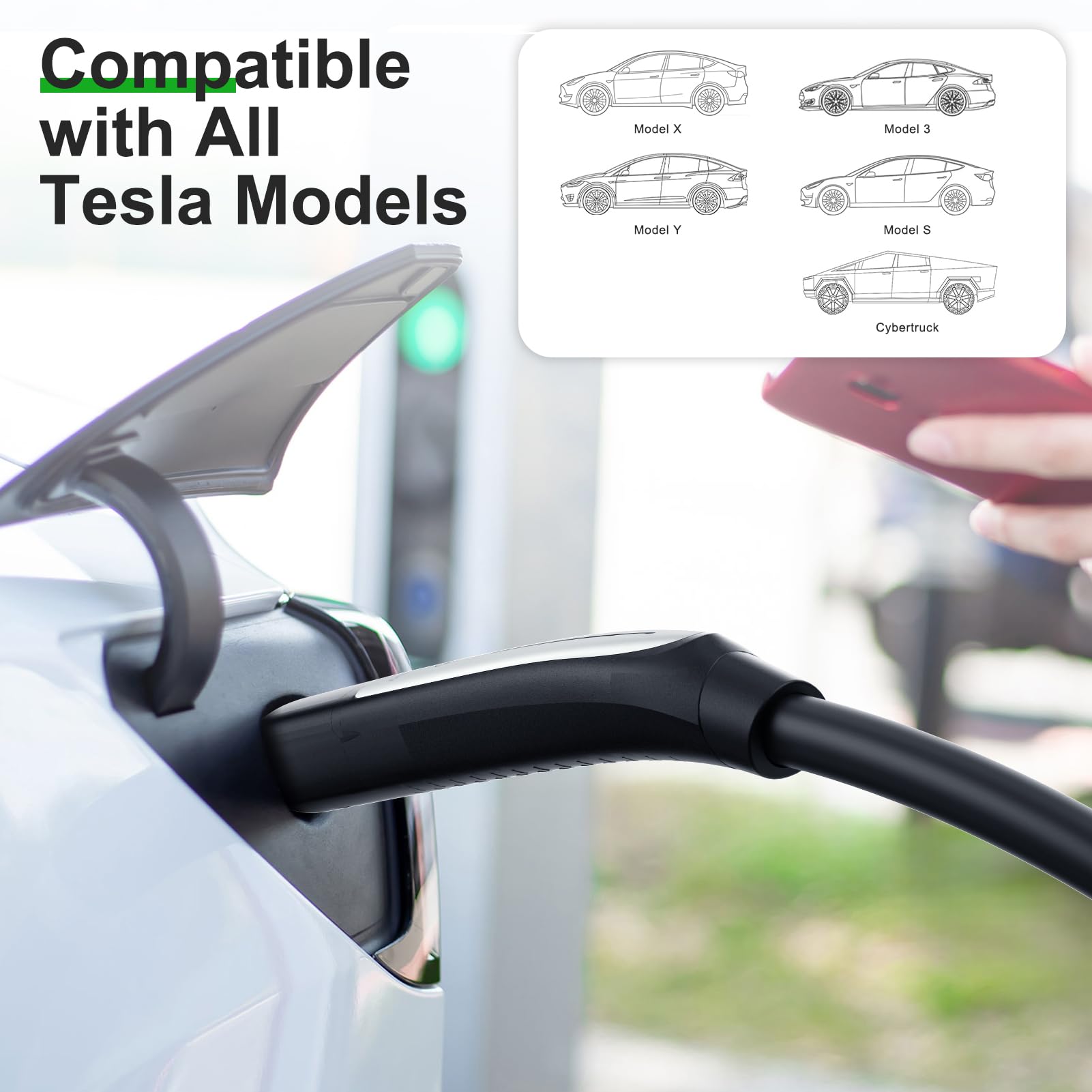 16 Amp Level 1-2 Tesla Charger with NEMA 6-20 Plug & 5-15 Adapter | Portable EV Charger for Tesla Model X/Y/3/S & Cybertruck | Home & Travel Electric Vehicle Charging Solution