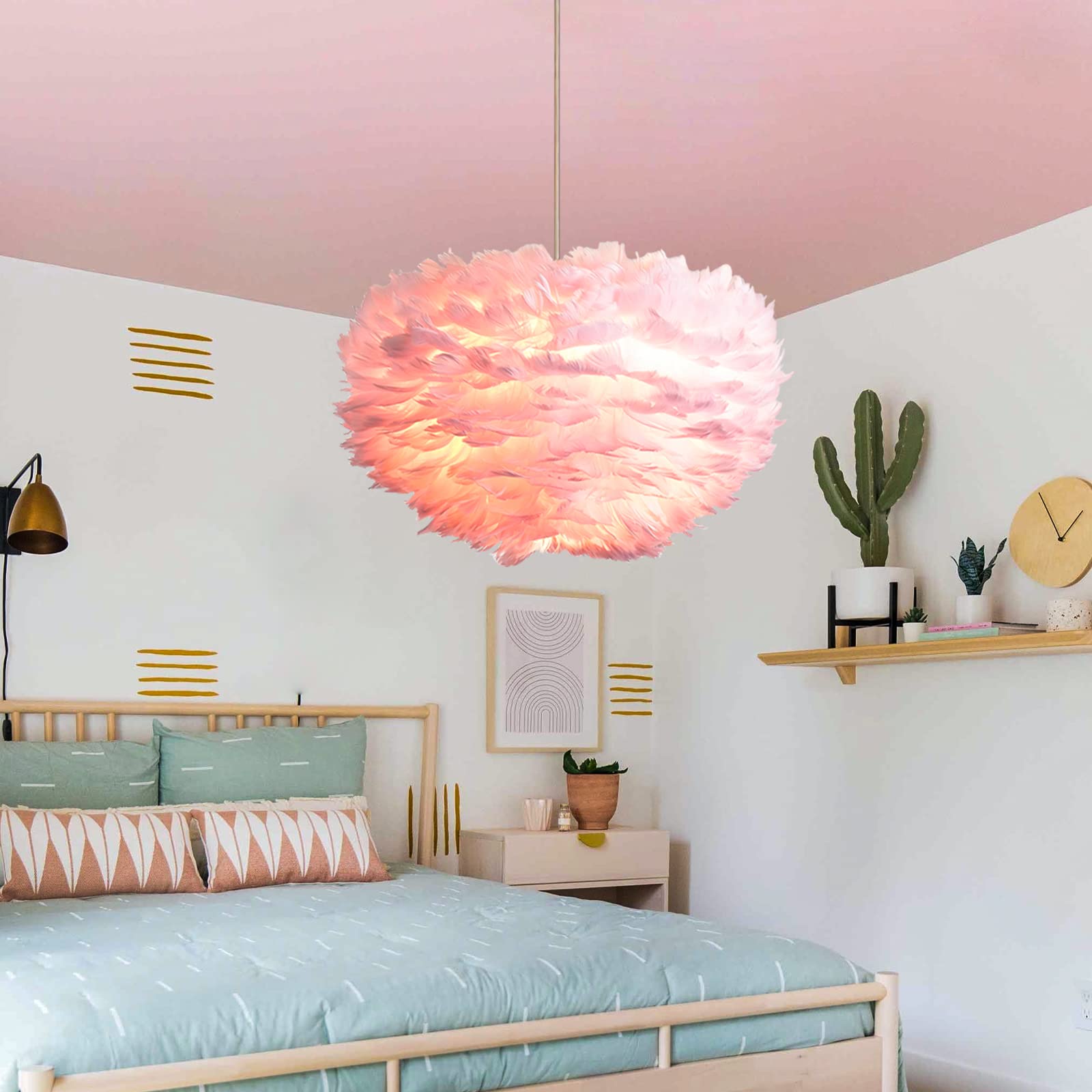 Nordic Feather Chandelier - 3-Light Modern Romantic Ceiling Hanging Lamp with Pink Art Feather Shade, 17.7 Inch for Girls Bedroom, Living Room, Dining Room | Perfect for Boho Chic Decor, Wedding Venues & Cozy Home Lighting