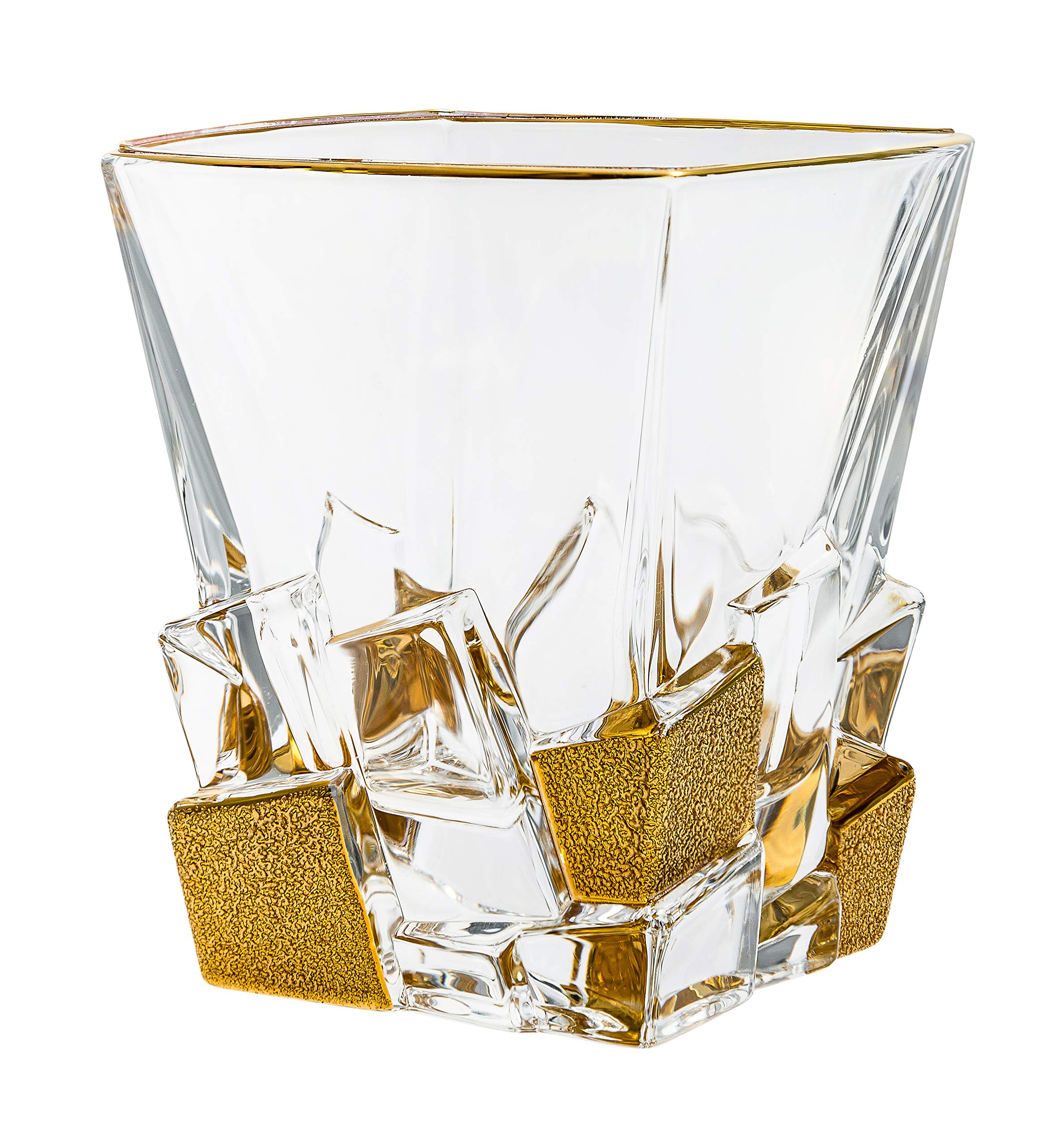 Barski European Crystal Glass Set of 6 - 11.7 oz Square Double Old Fashioned Tumblers with Matte Gold Ice Design - Premium Quality DOF Glasses Made in Europe - Perfect for Cocktails, Whiskey, Bourbon & Home Bar Decor