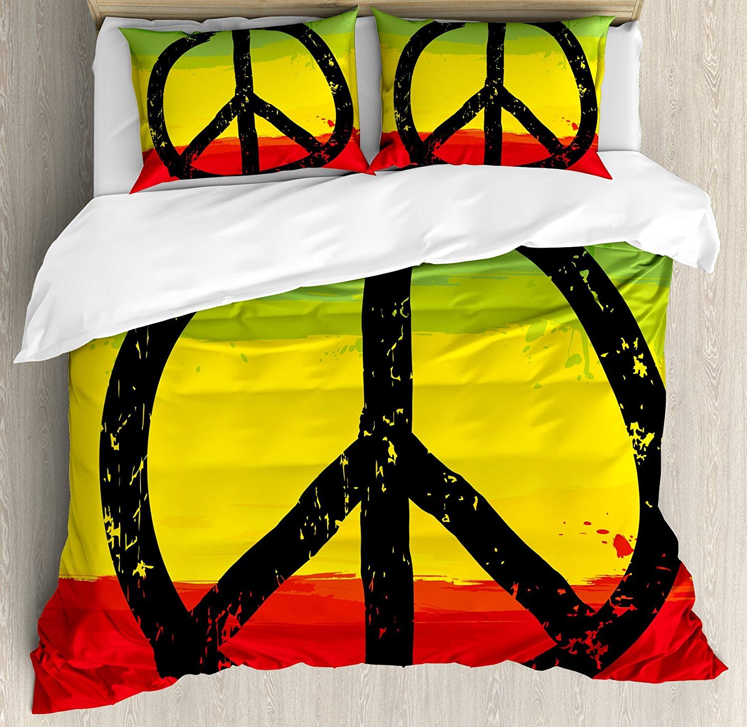 4-Piece Cal King Rasta Duvet Cover Set with Watercolor Design - Hippie Style Bedding (Duvet Cover, Flat Sheet, 2 Pillowcases) in African Flag Colors - Perfect for Bohemian Bedrooms, Dorm Decor & Peaceful Retreats