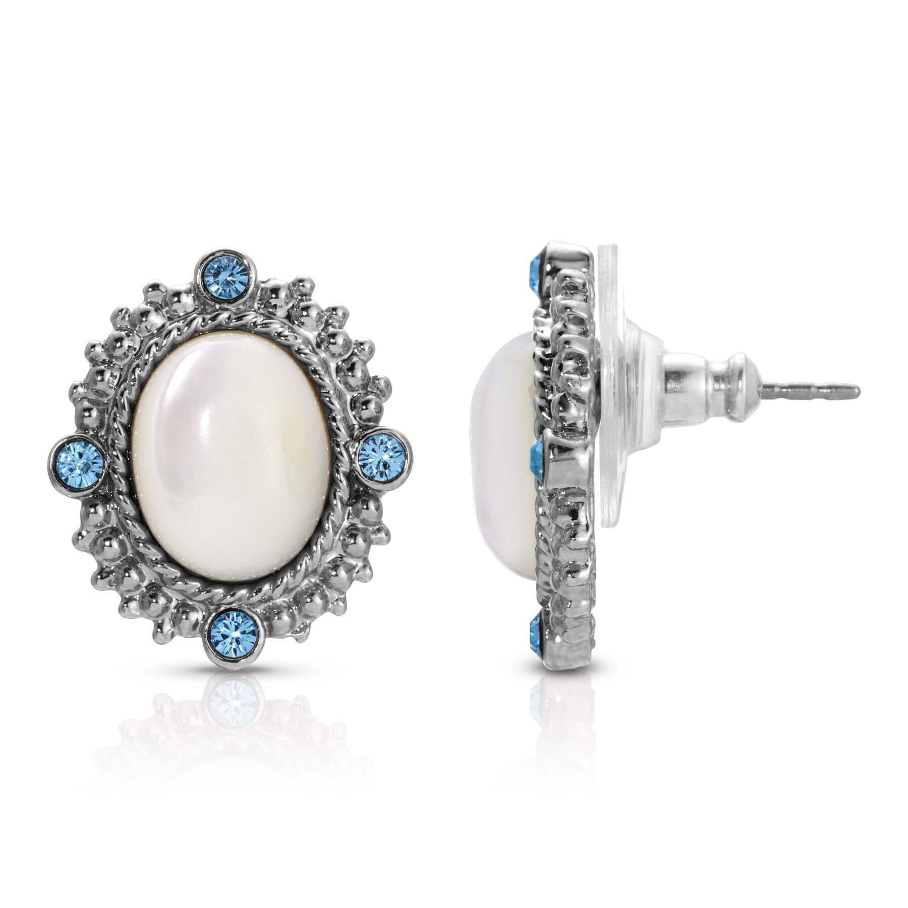 1928 Jewelry Aquamarine Crystal Mother of Pearl Post Earrings – Elegant Dangle Earrings for Women, Perfect for Weddings, Parties & Special Occasions