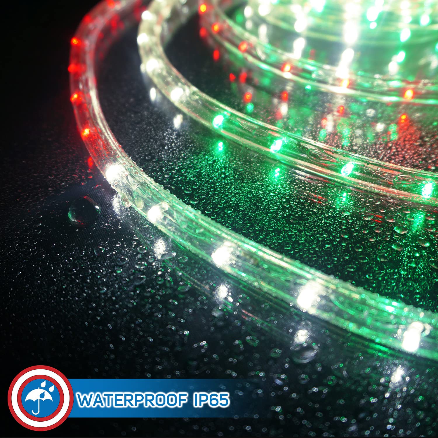 Russell Decor 200ft/60m LED Rope Lights - Waterproof Flexible String Lights for Indoor & Outdoor Use (Red, White, Green) | Perfect for Party Decor, Christmas Trees, Patio, Deck, Garden & Holiday Lighting