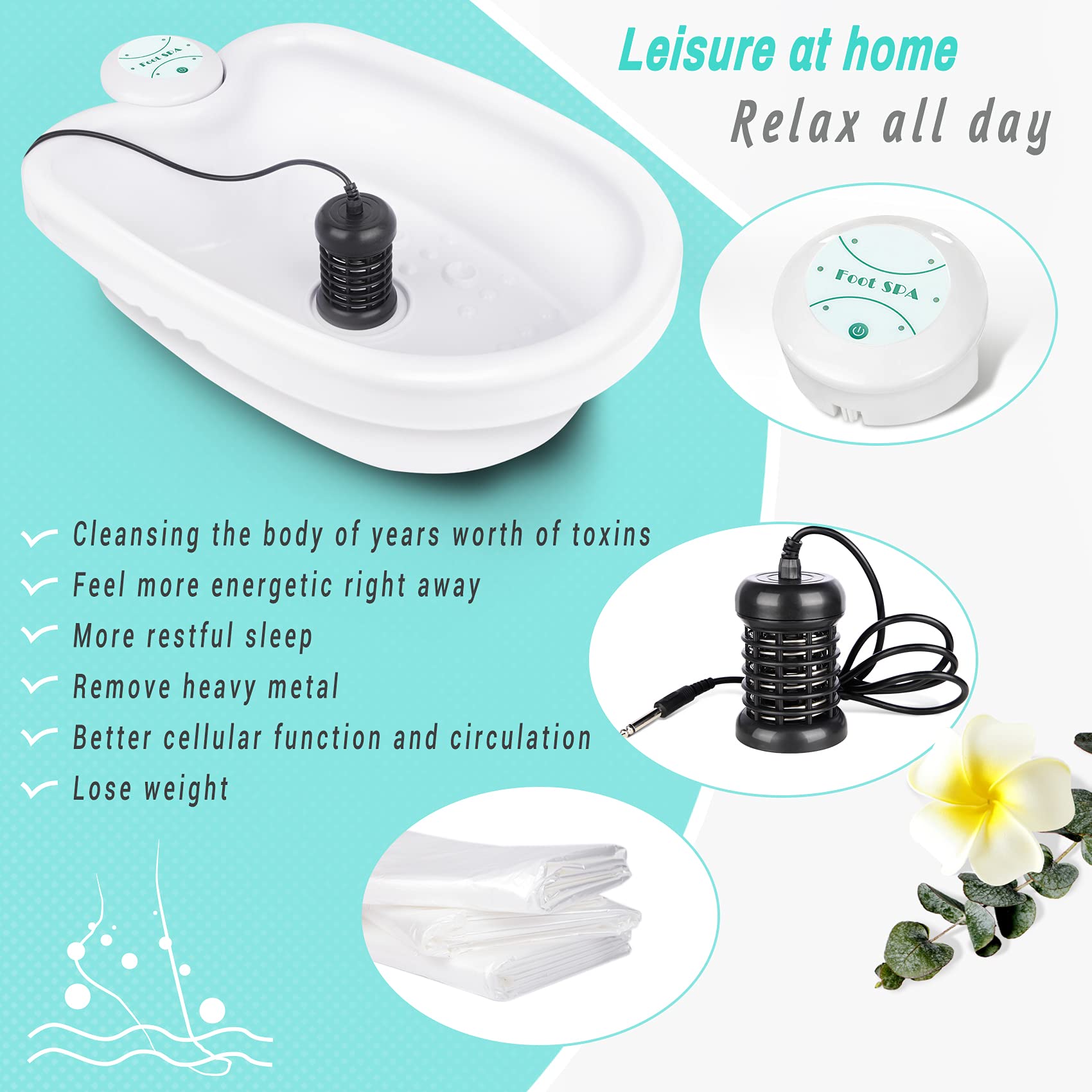Ionic Foot Detox Machine - Portable Ion Detox Foot Spa with 2 Foot Files & 100 Liners | Chi Detox Cleanse for Relaxation & Wellness | Perfect for Home Spa, Stress Relief & Detox Therapy