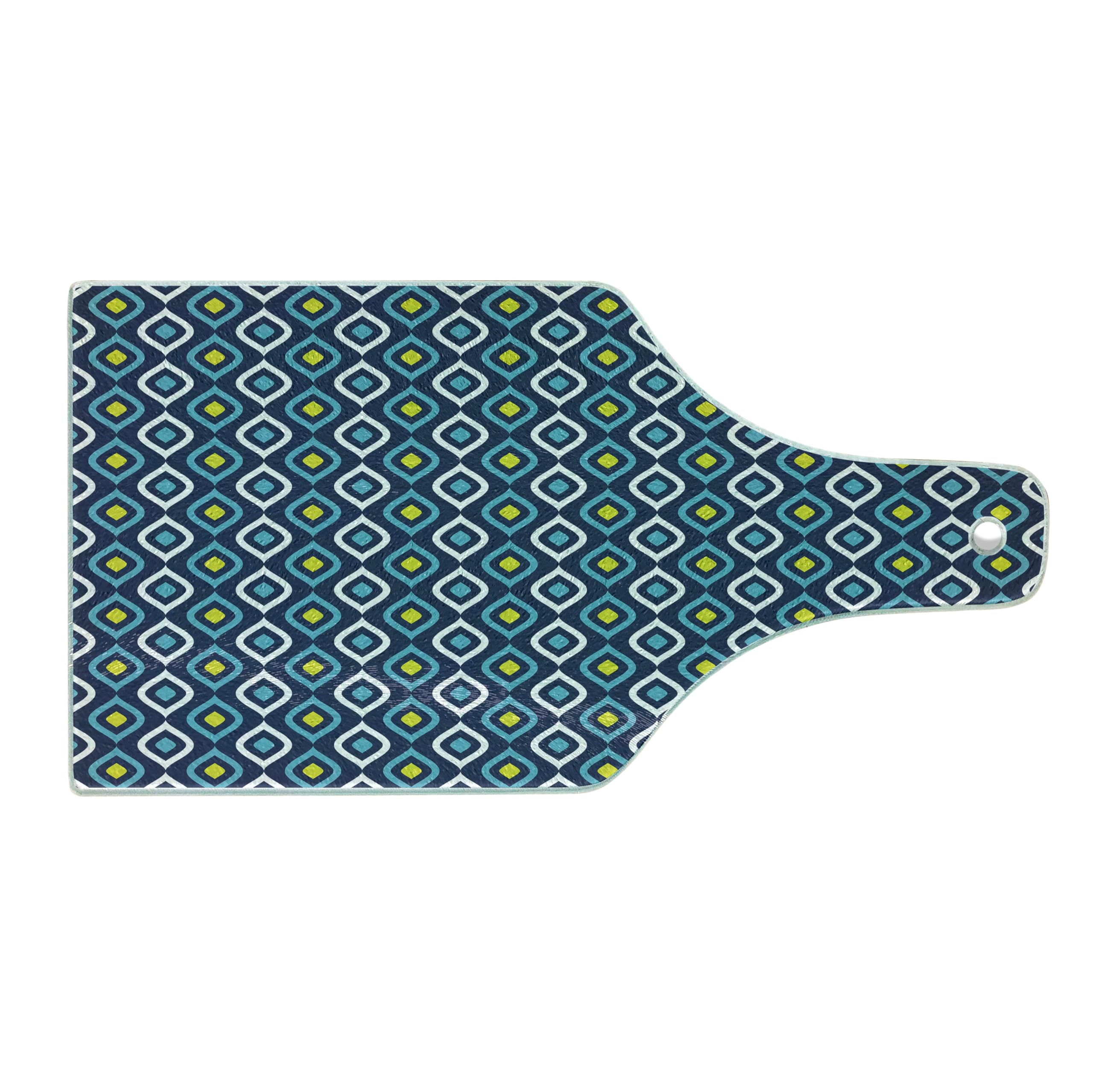 Ambesonne Navy Blue Tempered Glass Cutting Board - Abstract Leaf Design with Inner Circle Spots in Vibrant Yellow & White | Decorative Serving Board for Cheese, Charcuterie & Wine | Perfect for Kitchen, Dining & Entertaining