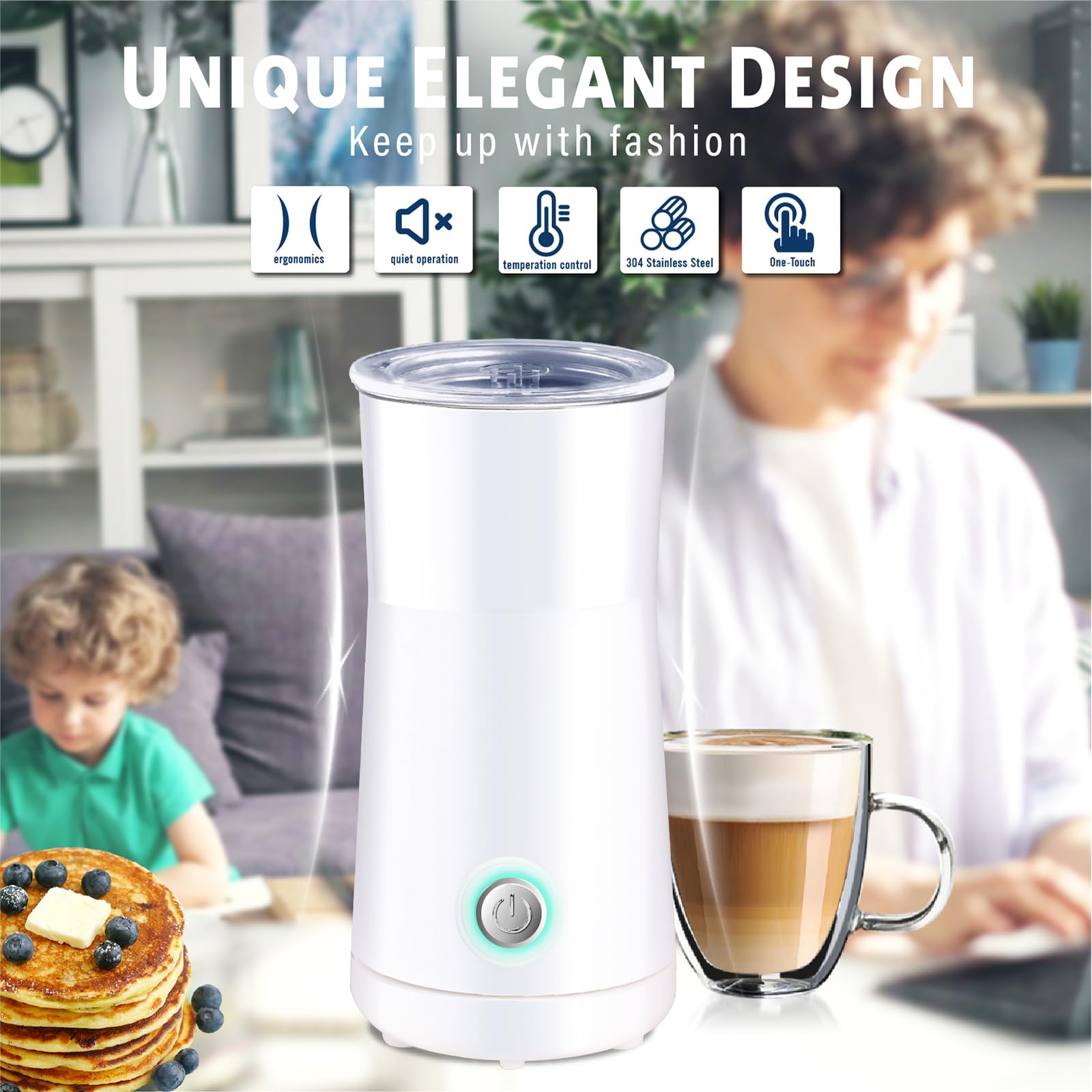 Huogary 2-in-1 Electric Milk Frother and Steamer - Hot Milk Foam Maker for Latte, Cappuccino & Macchiato - Perfect for Coffee Shops, Home Baristas & Office Use (White)