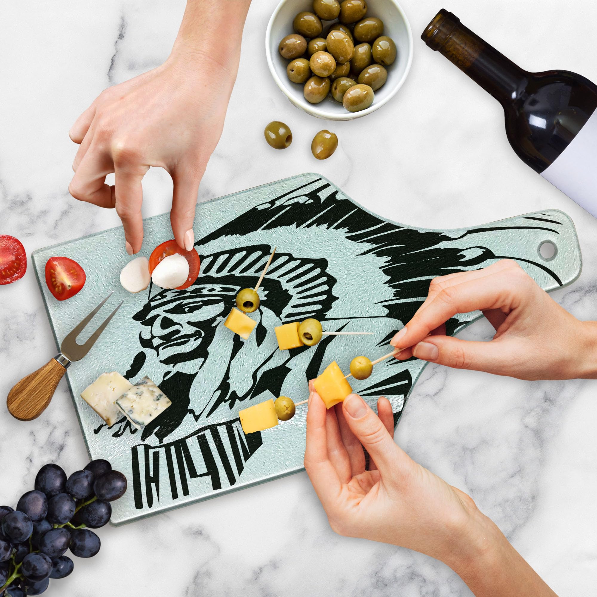 Ambesonne Tribal Cutting Board - Hand Drawn Native American Design Tempered Glass Serving Board - Wine Bottle Shape Black & White - Perfect for Kitchen Decor, Charcuterie Serving & Wine Pairing