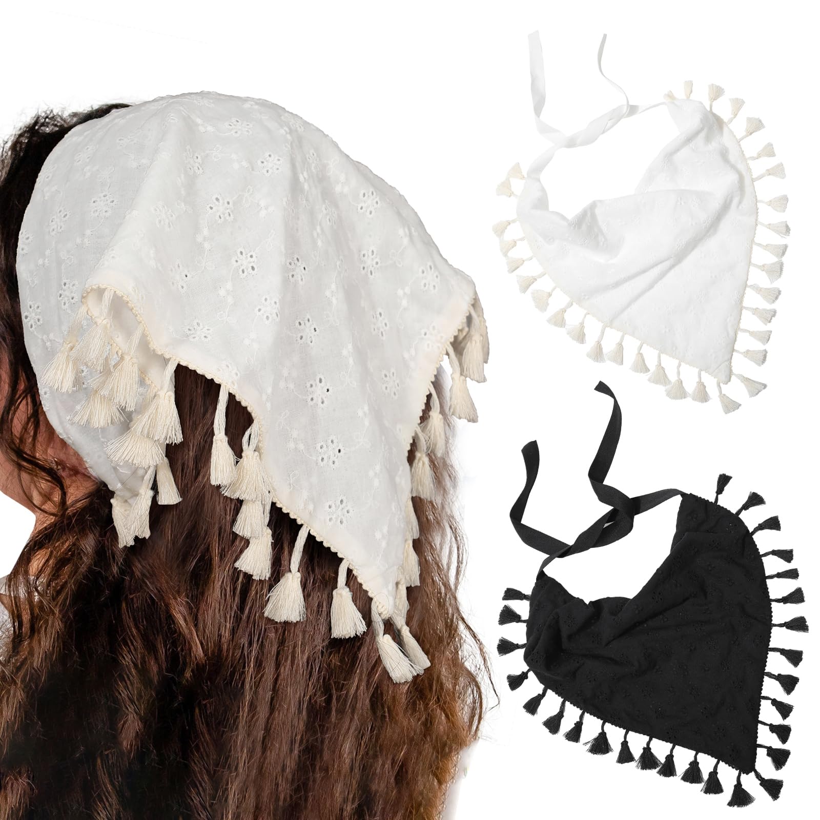AWAYTR Floral Tassels Hair Scarf Headband - 2PCS Soft Cotton Bandana Scarf with Tassels, Stylish Head Kerchief for Women & Girls (Black+White) | Perfect for Summer Outfits, Beach Days & Boho Fashion Accessories