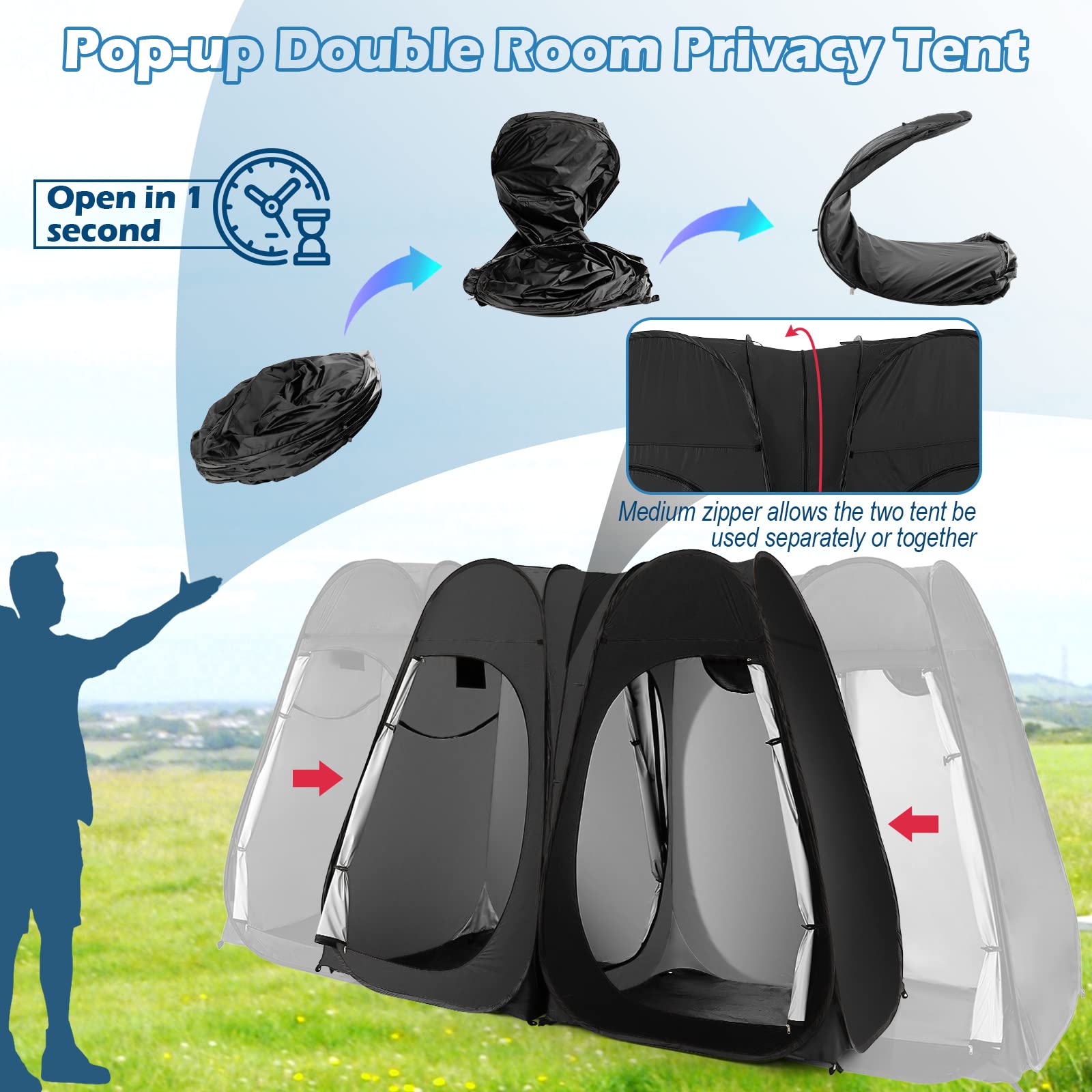 Goplus 7.5FT Pop Up Shower Tent - Portable 2 Room Privacy Changing Tent with Window, Hanging Clothesline & Carry Bag for Camping, Beach, Outdoor Shower, Festival and Travel - Includes Ground Stakes & Wind Ropes