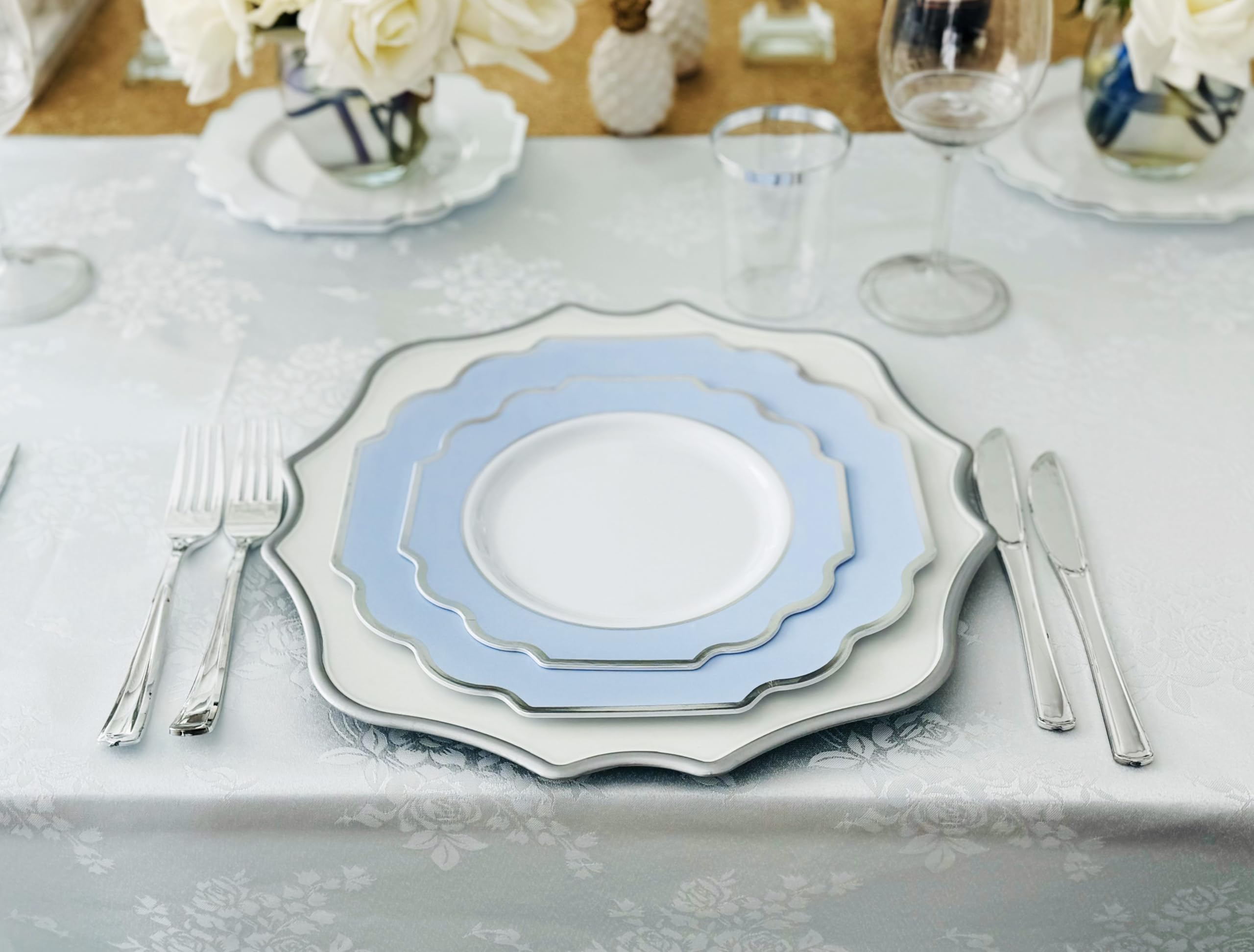 320-Piece Heavyweight Disposable Plastic Plate Set for Weddings & Parties - 40 x 10.5'' Dinner Plates + 40 x 8'' Dessert Plates + Silverware + Cups + Napkins (White, Blue & Silver) - Perfect for Large Gatherings, Catering Events & Special Occasions