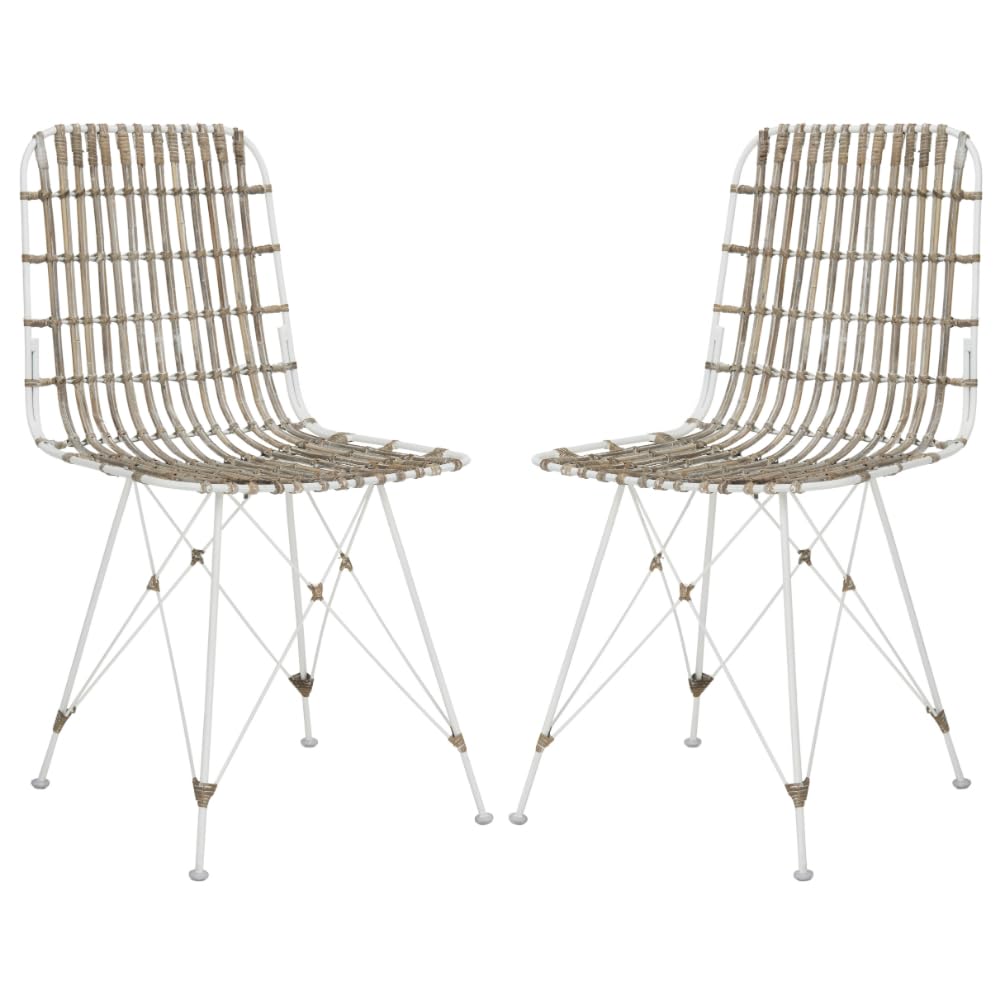 Safavieh Minerva White Wicker Dining Chairs (Set of 2) - Rattan Bistro Chairs for Indoor/Outdoor Patio, Kitchen, Breakfast Nook & Garden Seating