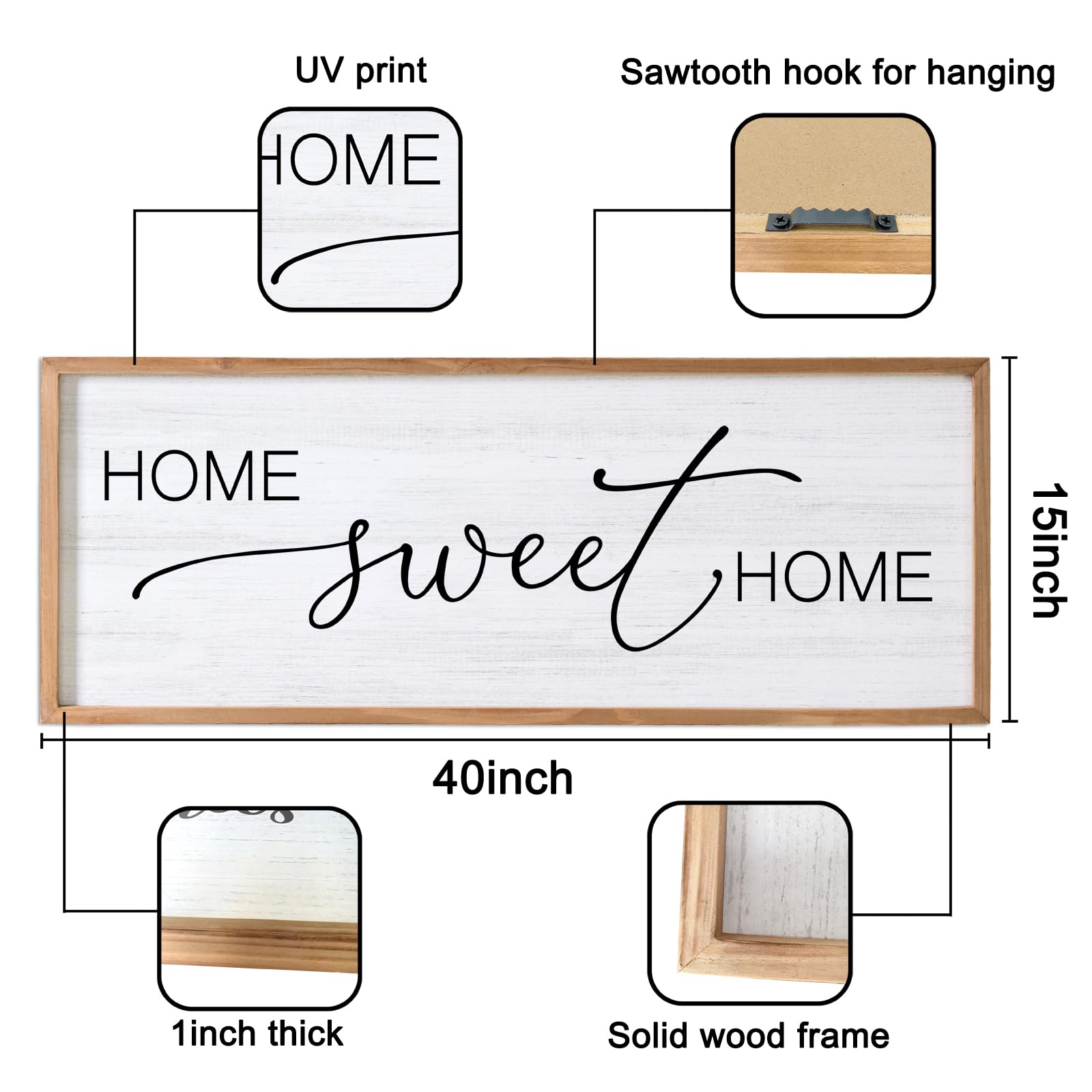 Farmhouse Style 'Home Sweet Home' Wooden Wall Sign - 40x15 Inches Large Framed Decor for Bedroom, Living Room & Entryway - Perfect for Rustic Home Decor, Housewarming Gifts & Cozy Interior Design