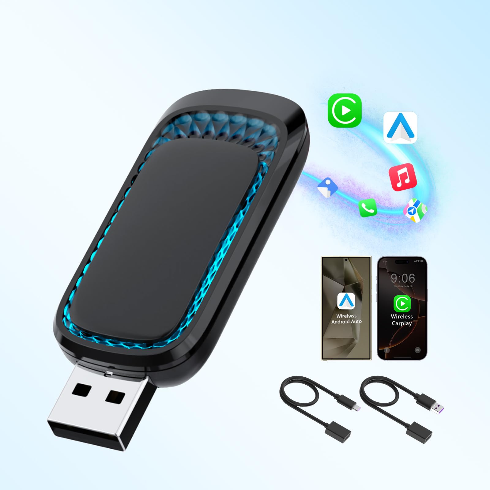 2-in-1 Wireless CarPlay & Android Auto Adapter with RGB Ambient Lighting - Fast & Stable Wired to Wireless Converter for iPhone & Android - USB-A/USB-C Compatible - Perfect for Commuting, Road Trips & Hands-Free Driving