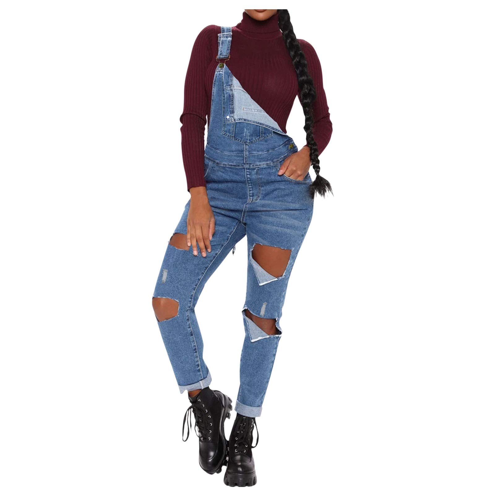 QTOCIO Women's Distressed Denim Bib Overalls - Ripped Skinny Jumpsuit with Stretch for Casual Wear | Perfect for Outings, Workwear & Street Style Fashion