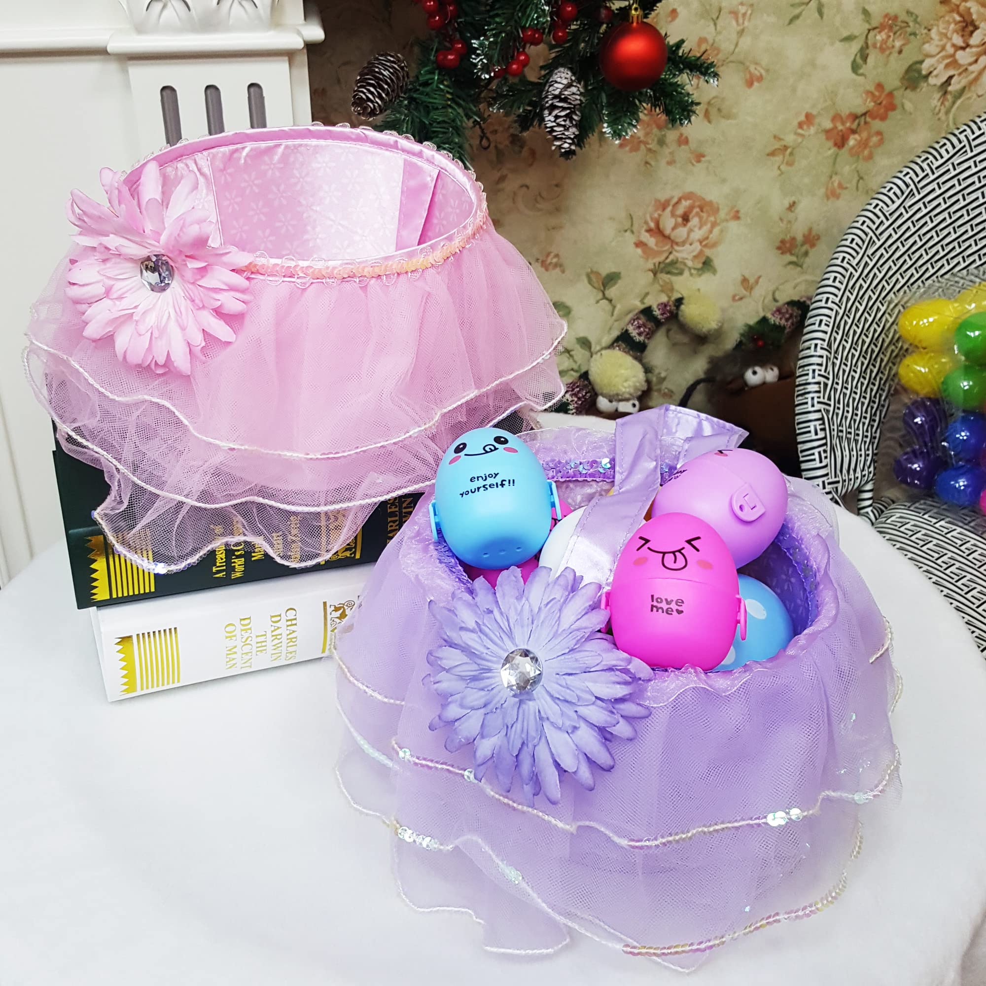 DearSun 2-Piece Flower Tutu Easter Basket Set - Elegant Pink & Purple Easter Baskets for Kids, Easter Egg Hunt, Candy Storage & Gift Giving - Perfect for Easter Celebrations, Spring Parties & Holiday Decorations