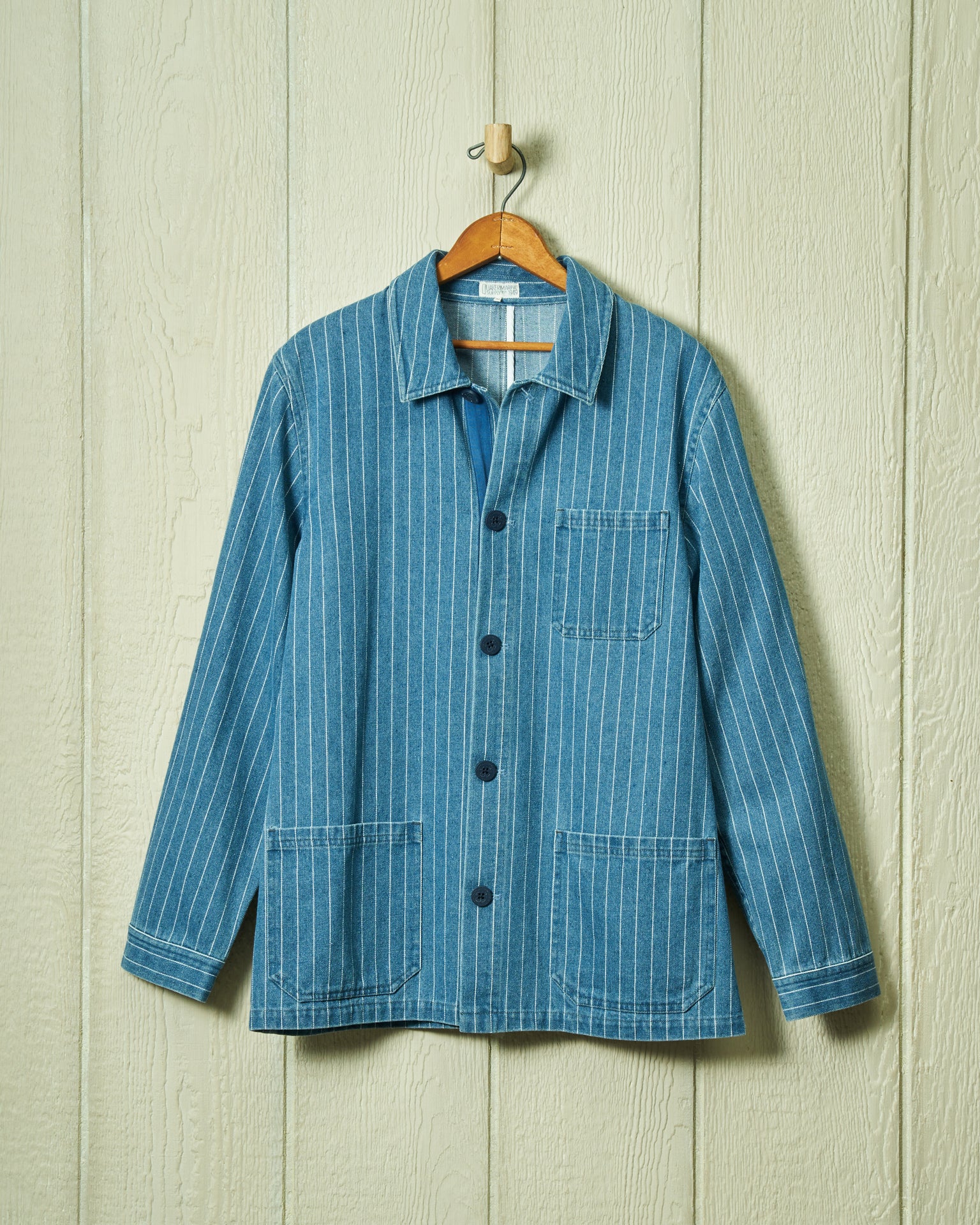 Vintage French Workman’s Denim Pinstripe Jacket for Men - Durable Cotton Workwear for Outdoor Labor & Casual Style
