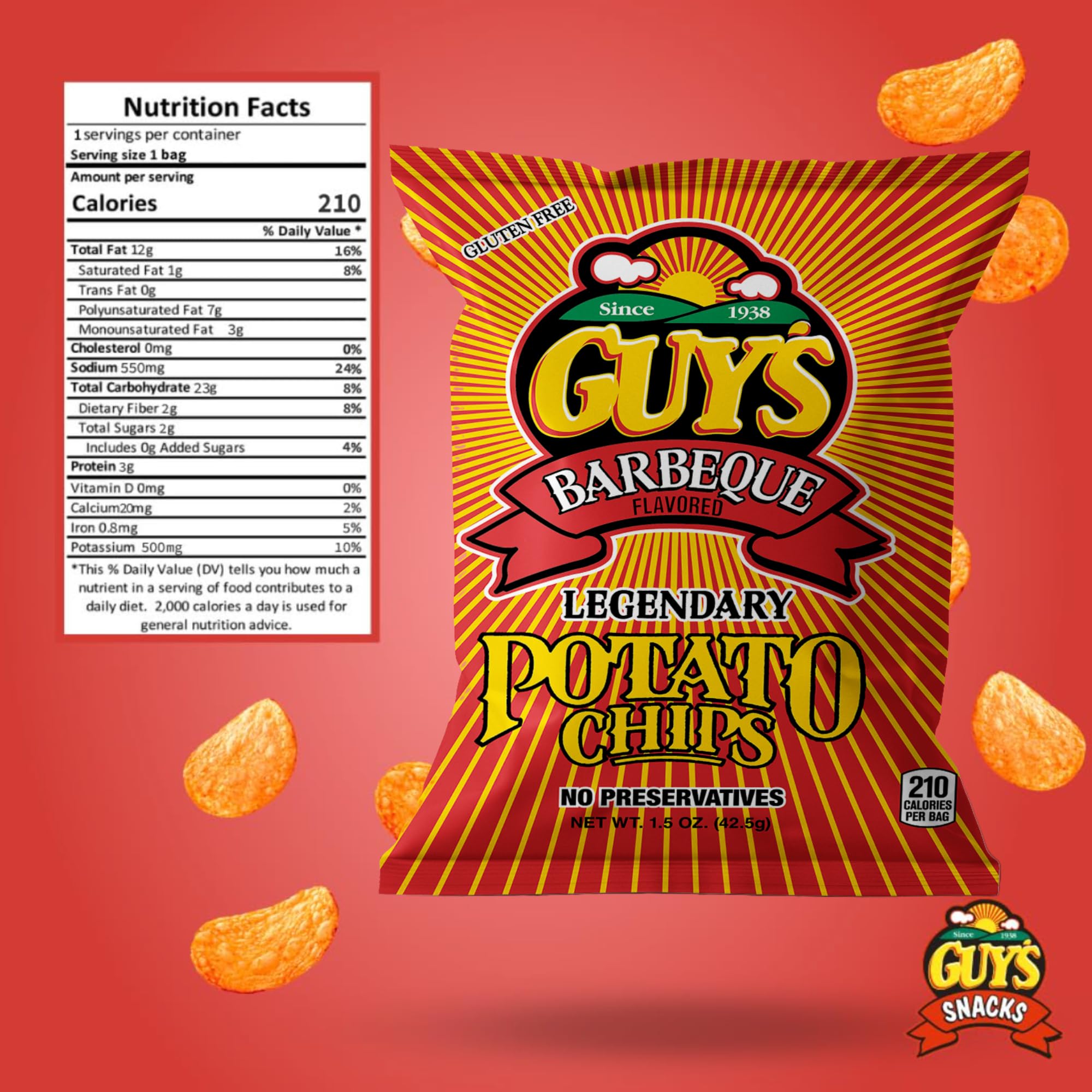 Guys BBQ Potato Chips - Healthy Salty Snacks with Natural Spices - Crunchy Gluten-Free Chips - Perfect for Parties, Picnics & Office Snacks (1.5oz Bag, 24-Pack) | Great for Game Nights, Road Trips & Lunchboxes