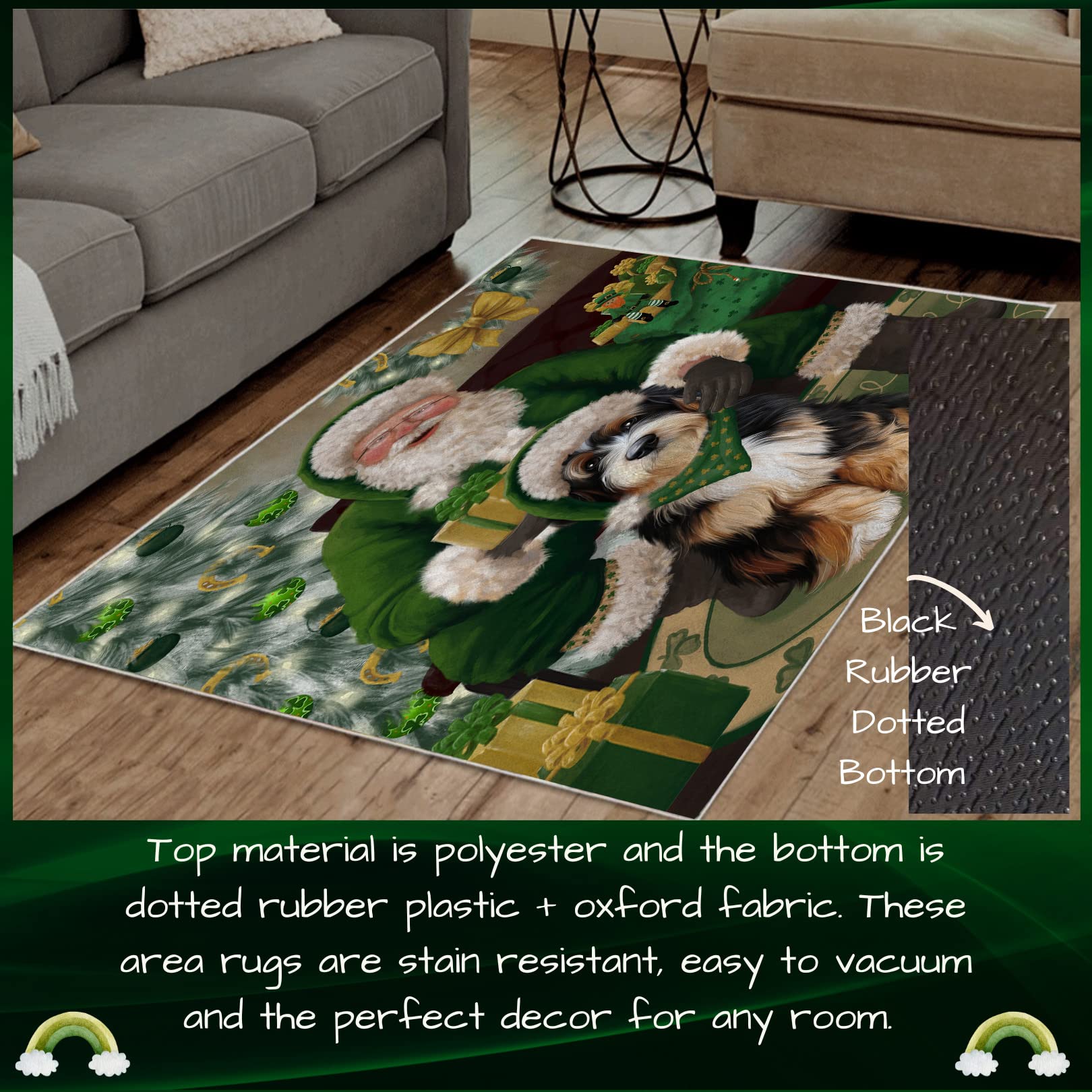 Christmas Irish Santa with Gift and Bernedoodle Dog Area Rug - Ultra Soft Cute Pet Printed Floor Carpet - Unique Style Decorative Rug for Dog Lovers - Perfect for Living Room, Bedroom, or Pet Play Area - 10'x3'3'' Indoor Gift