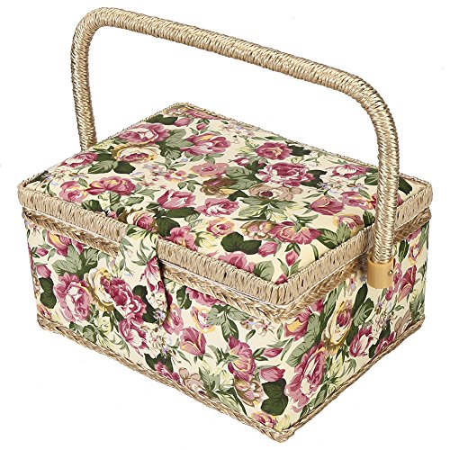 Walfront Sewing Kit Basket with Storage Box - Portable Sewing Supplies Organizer for Needles, Threads & Accessories (Rose/Orange/Green) - Perfect for Home, Travel & Craft Projects