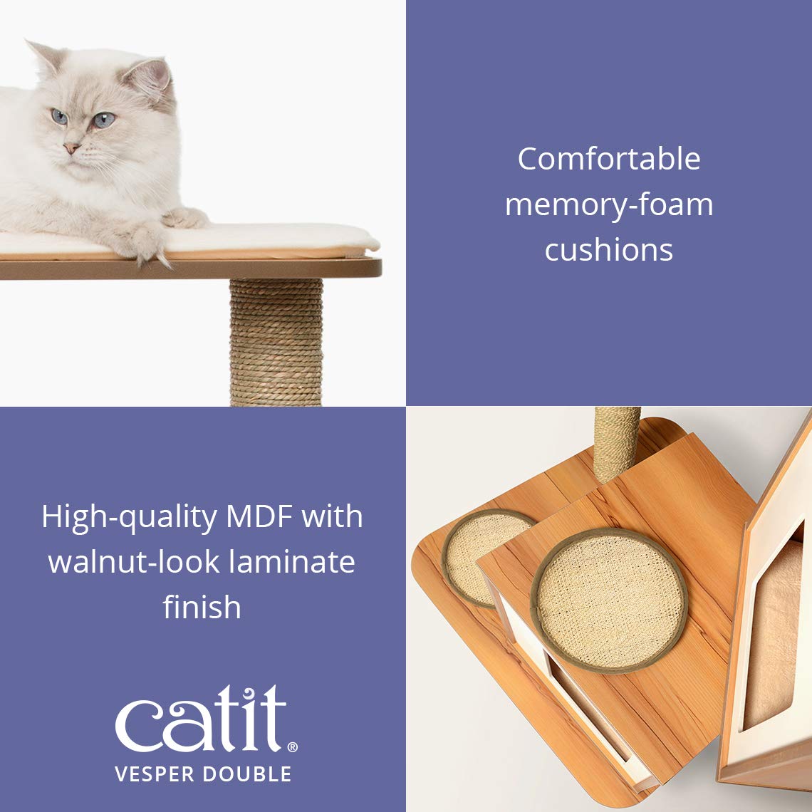 Premium Walnut Double Vesper Cat Tree with Scratching Posts - Sturdy & Stylish Cat Climbing Furniture for Indoor Cats - Perfect for Play, Rest & Exercise in Living Rooms & Bedrooms
