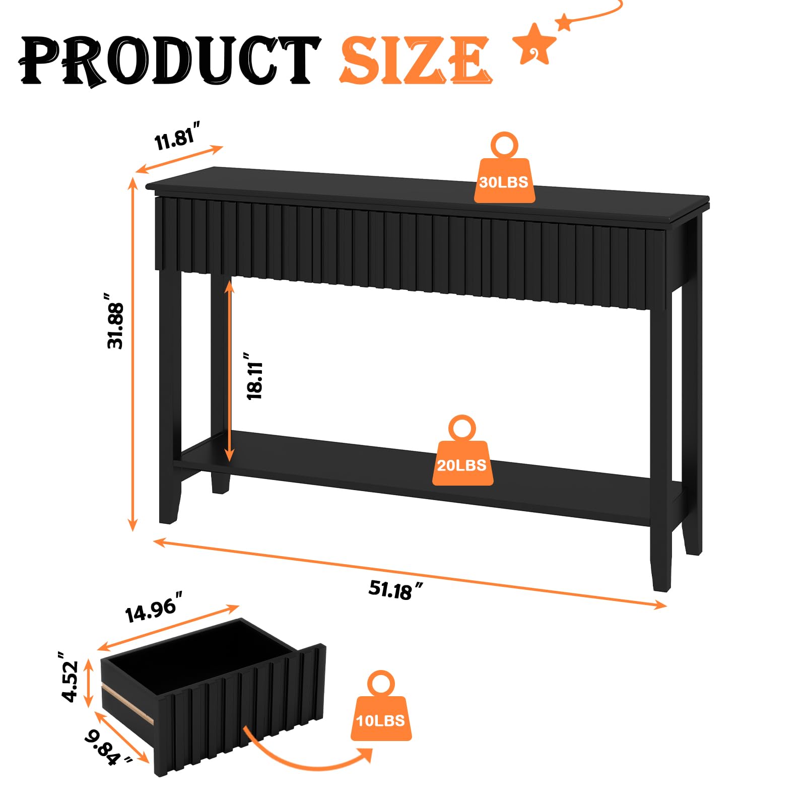 Modern Fluted Wood Console Table with 3 Drawers & Open Shelf - Narrow Sofa Table Behind Couch, Entryway Table for Living Room, Foyer & Hallway - Black (1 Tier) | Perfect for Small Spaces & Home Decor