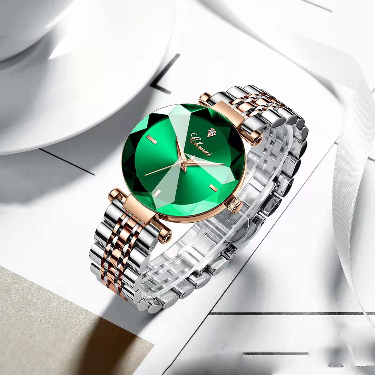 BESTKANG Women's Analog Quartz Watch - 3D Dial, Rose Mesh Belt, Green for Casual & Office Wear