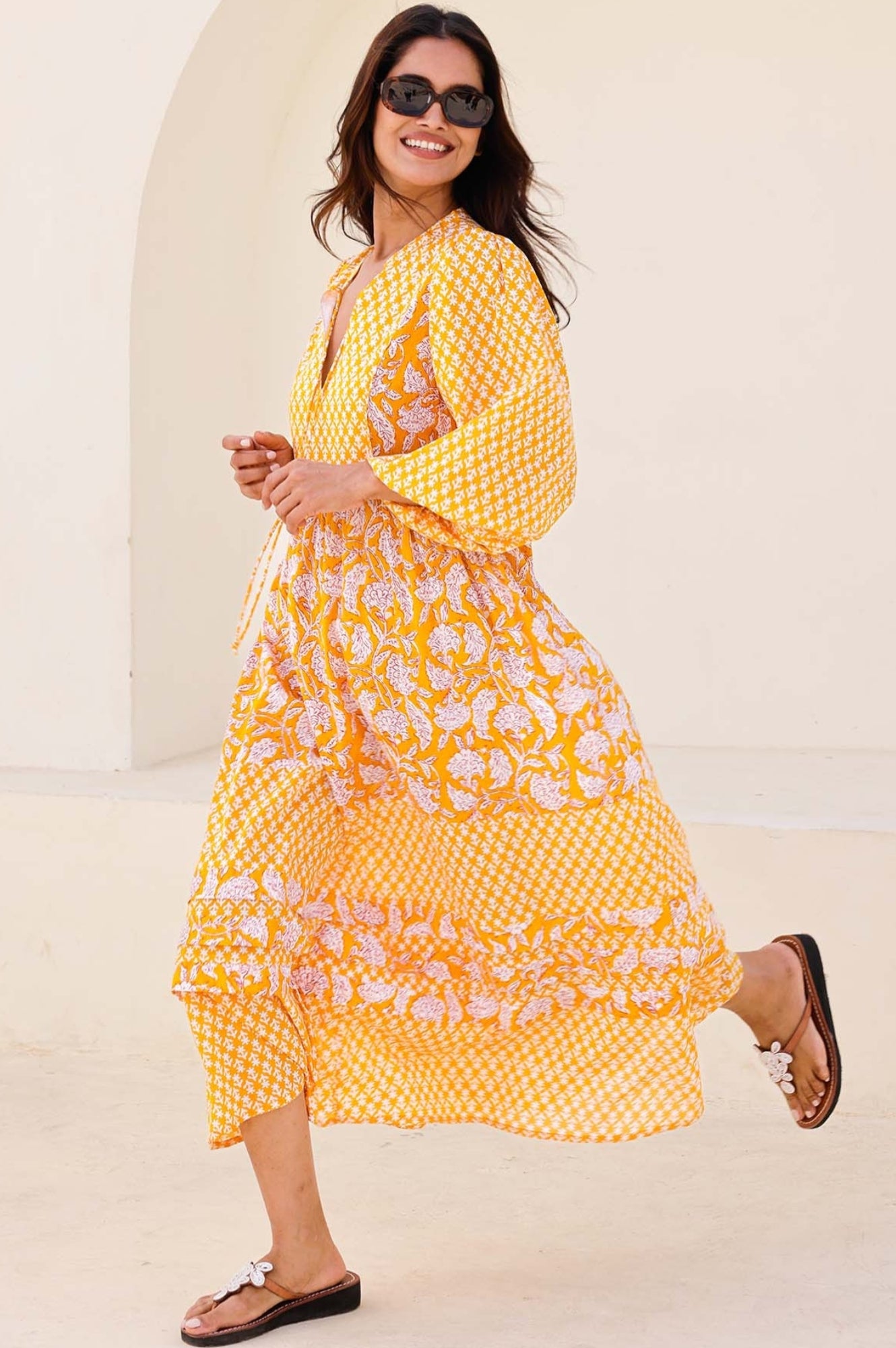 Martha Organic Cotton Mix Print Dress | Dianthus Print Yellow/White Floral Summer Dress for Women - Perfect for Beach Vacation, Garden Party & Casual Outings
