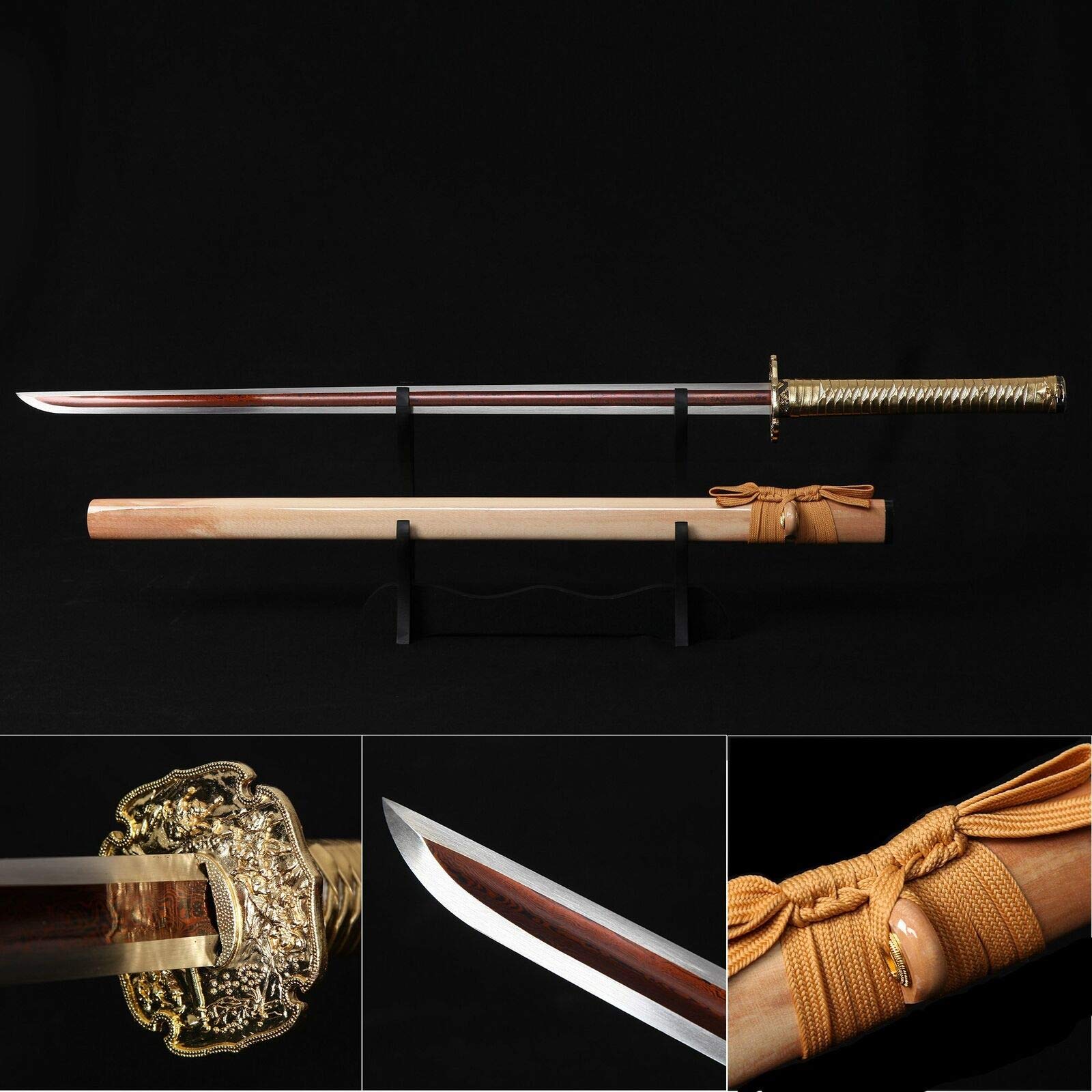Handmade Japanese Ninjato Sword - Double-Edged Gold Blade, Authentic Ninja & Samurai Sword for Cosplay, Martial Arts & Collectors