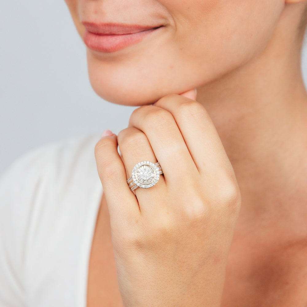 1 Carat Diamond Cluster Ring with Round Brilliant & Baguette Cut Diamonds in 9K Yellow Gold - Elegant Wedding, Engagement & Anniversary Jewelry Gift for Her