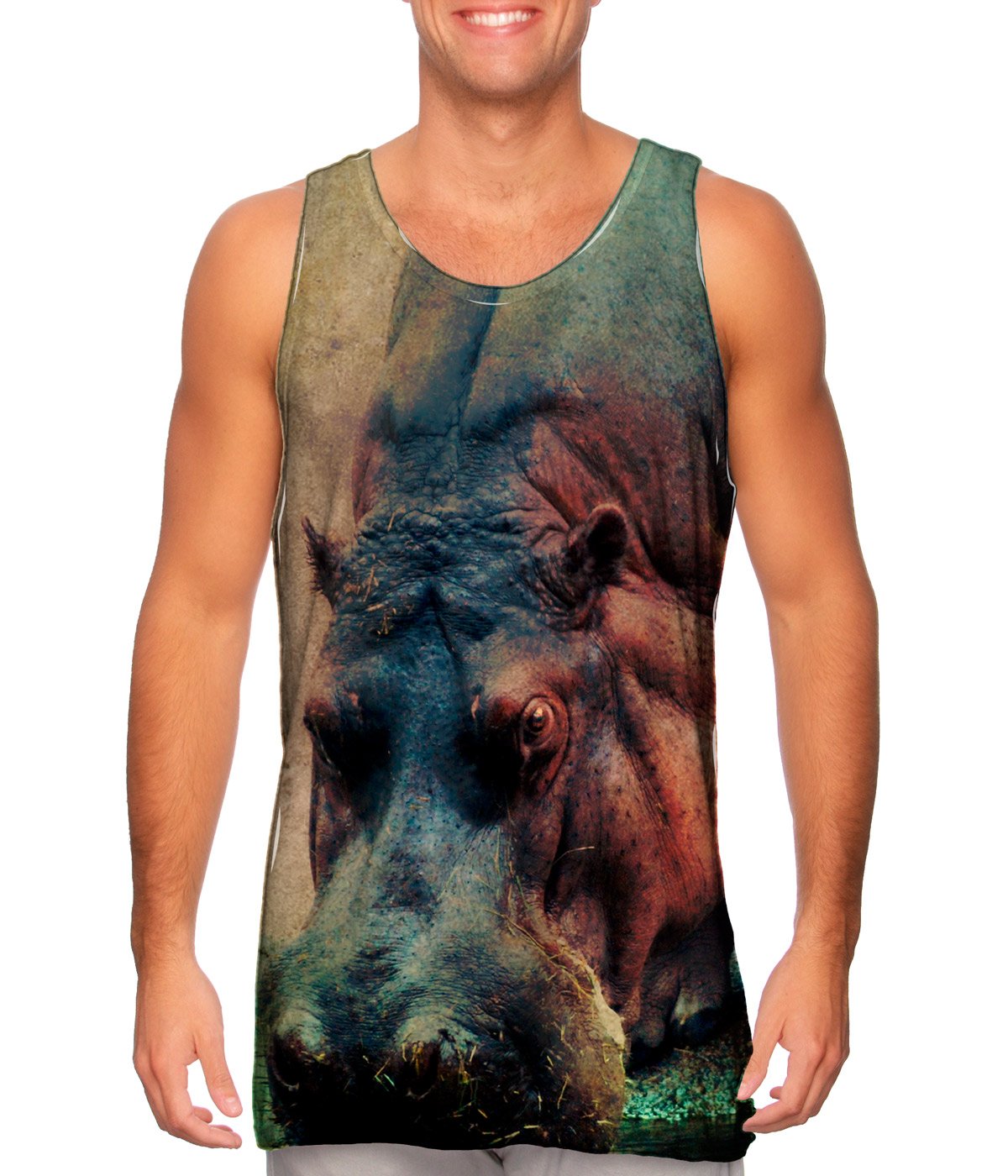 Yizzam AnimalShirtsUSA Hippo Drinking Graphic Men's Tank Top - Cool Casual Summer Muscle Shirt for Beach, Gym & Outdoor Activities