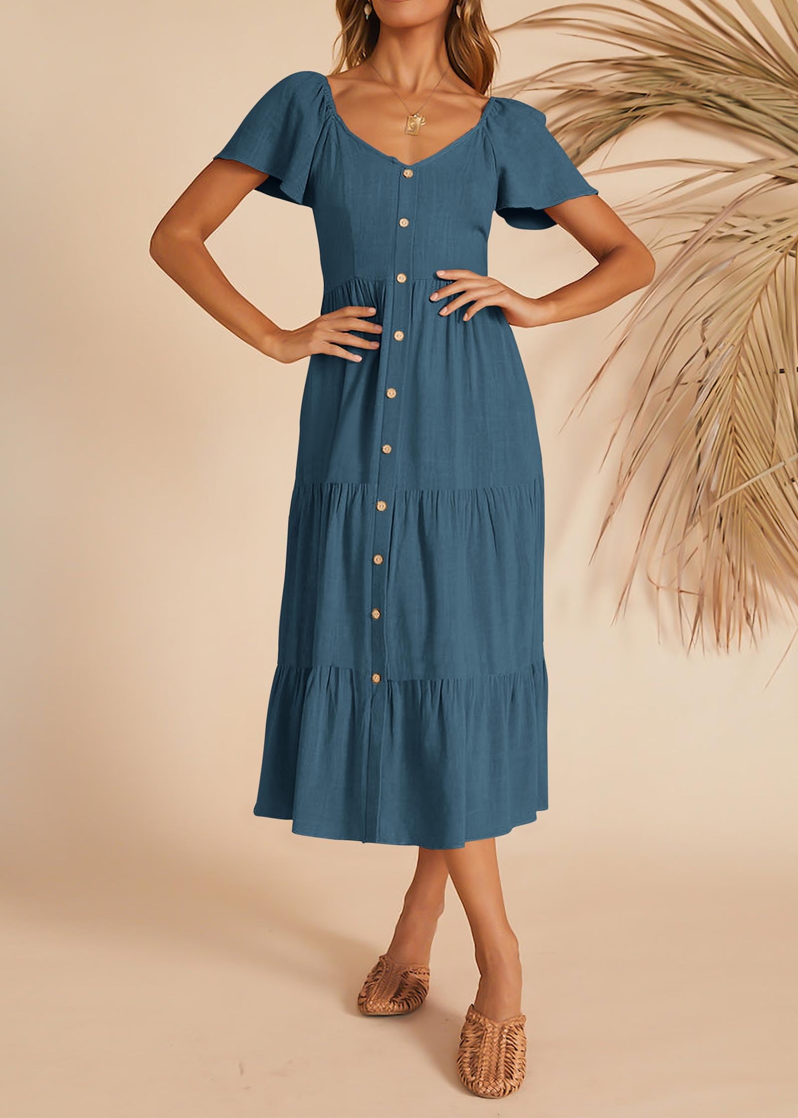 KIRUNDO Women's Linen Short Sleeve Midi Dress - V Neck Button Down Tiered Sundress with Pockets for Spring Summer Casual Wear | Beach Vacation, Brunch, Date Night Outfits