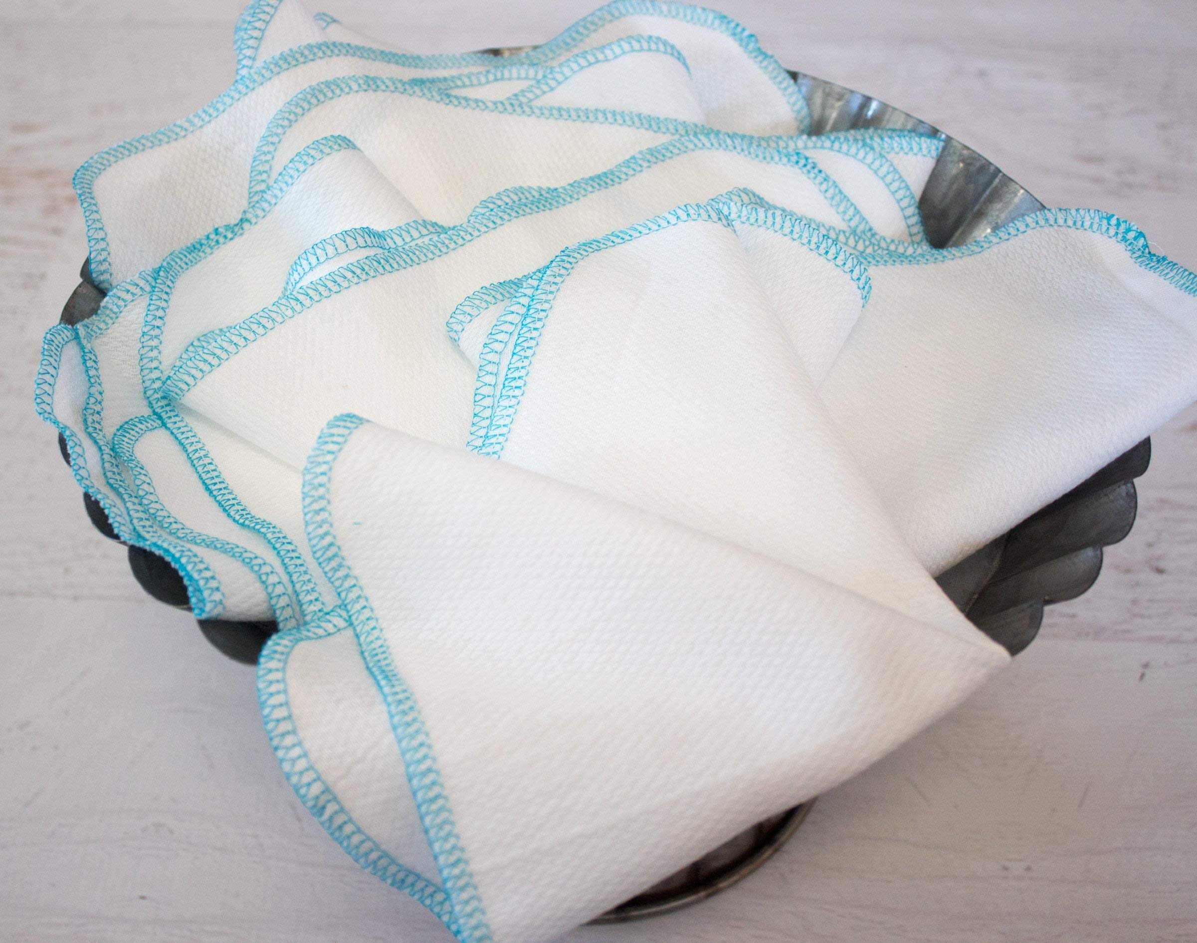 Eco-Friendly Reusable Paperless Towels - 12 Pack Washable Kitchen Towels, Sustainable & Absorbent for Cleaning, Spills & Messes (Bright White with Turquoise Edging) - Perfect for Eco-Conscious Homes & Zero Waste Living
