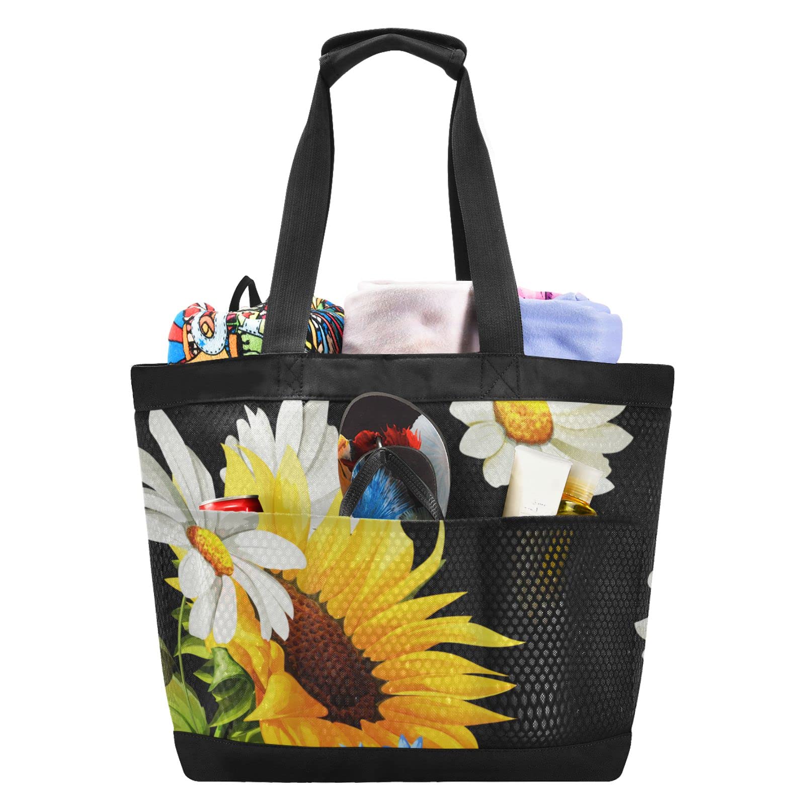 Waterproof Sunflower Beach Bag - Large Mesh Tote for Travel, Pool, Gym & Yoga - Durable Black Carryall for Summer Outings & Outdoor Activities