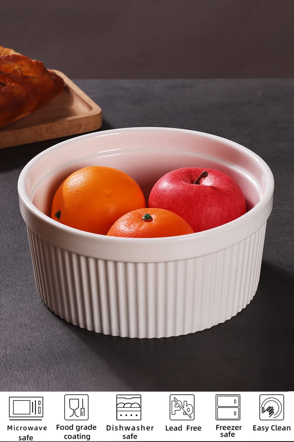64 oz Porcelain Ramekins (Set of 1) - 8 Inch White Oven-Safe Baking Dishes for Souffle, Creme Brulee, Pudding & Custard - Perfect for Desserts, Meal Prep & Kitchen Serving