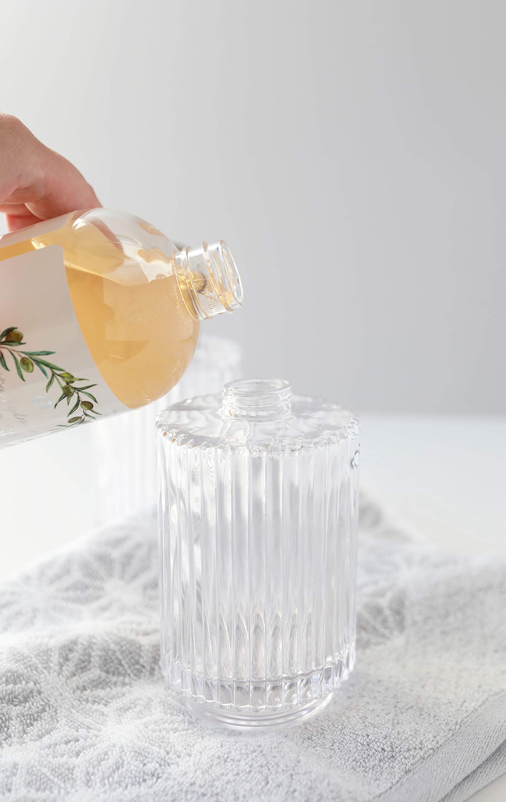 Refillable Parisian Clear Fluted Glass Soap Dispenser 10oz - Farmhouse Brass Hand & Lotion Pump for Kitchen, Bathroom, Vanity - Elegant Liquid Soap Container for Home Decor, Guest Washroom, Spa