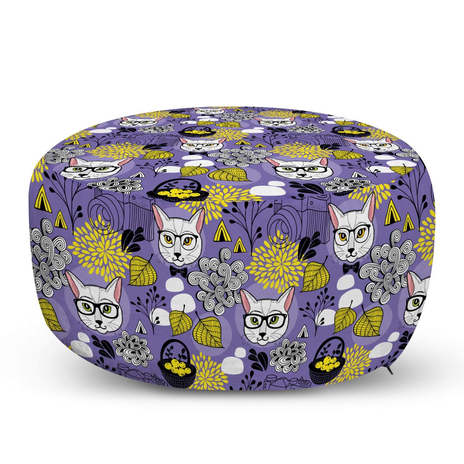 Ambesonne Pop Art Smart Cats Pouf Cover - Purple & Yellow Abstract Design with Autumn Leaves & Cameras, Soft Decorative Fabric Zippered Unstuffed Case (30