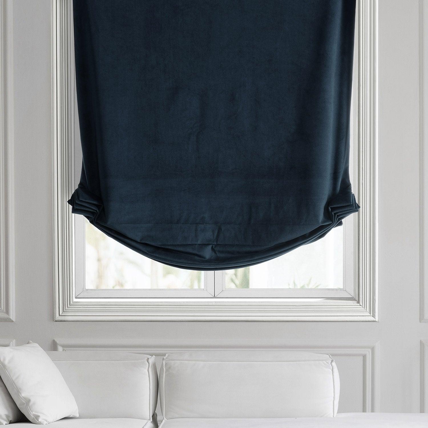 Luxury Midnight Blue Signature Velvet Roman Shade - Blackout Window Treatment for Bedroom & Living Room - Elegant Home Decor for Privacy & Light Control