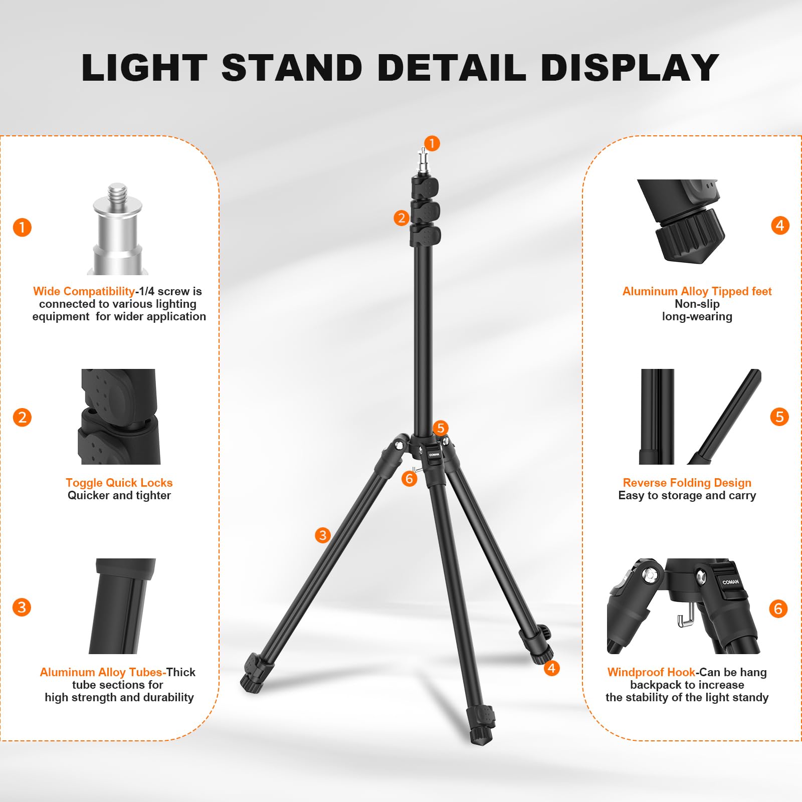 COMAN 6.23ft Extendable Aluminum Photography Light Stand - Adjustable Studio Tripod with 1/4