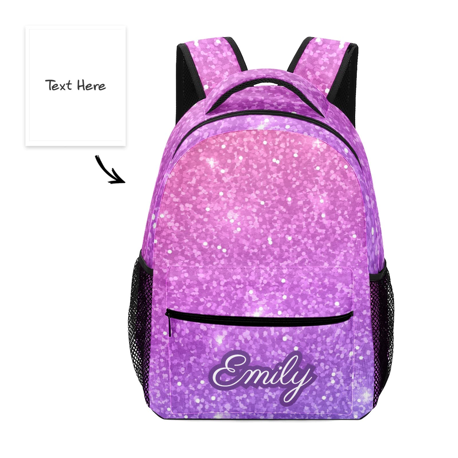 Custom Personalized Kids Backpack 16.5 Inch - Pink Violet Glitter Waterproof School Travel Bag for Boys & Girls (16.5